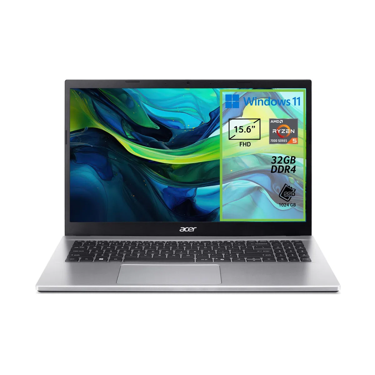 acer Aspire Go 15 AG15-42P-R732, notebook, procesor AMD Ryzen 5 7430U, pamięć RAM 32 GB DDR4, dysk SSD 1024 GB PCIe NVMe, wyświetlacz 15,6" FHD, karta graficzna AMD Radeon, Windows 11 Home, srebrny