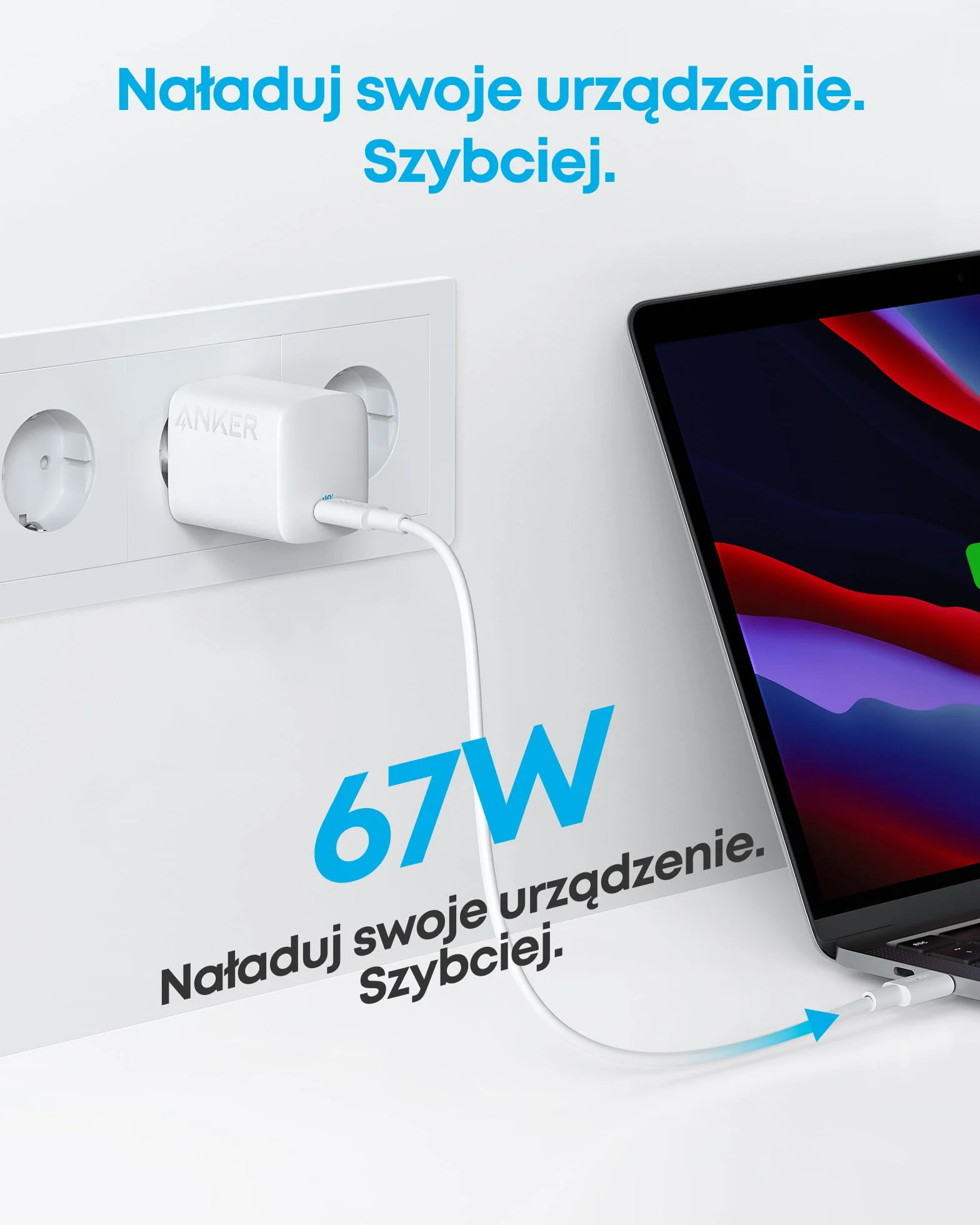 Ładowarka ścienna Anker 67 W USB C 315, kompaktowa i składana szybka ładowarka PIQ 3.0 do MacBook Pro/Air, iPhone 15/14, iPad, Galaxy, Pixel, AirPods i innych urządzeń