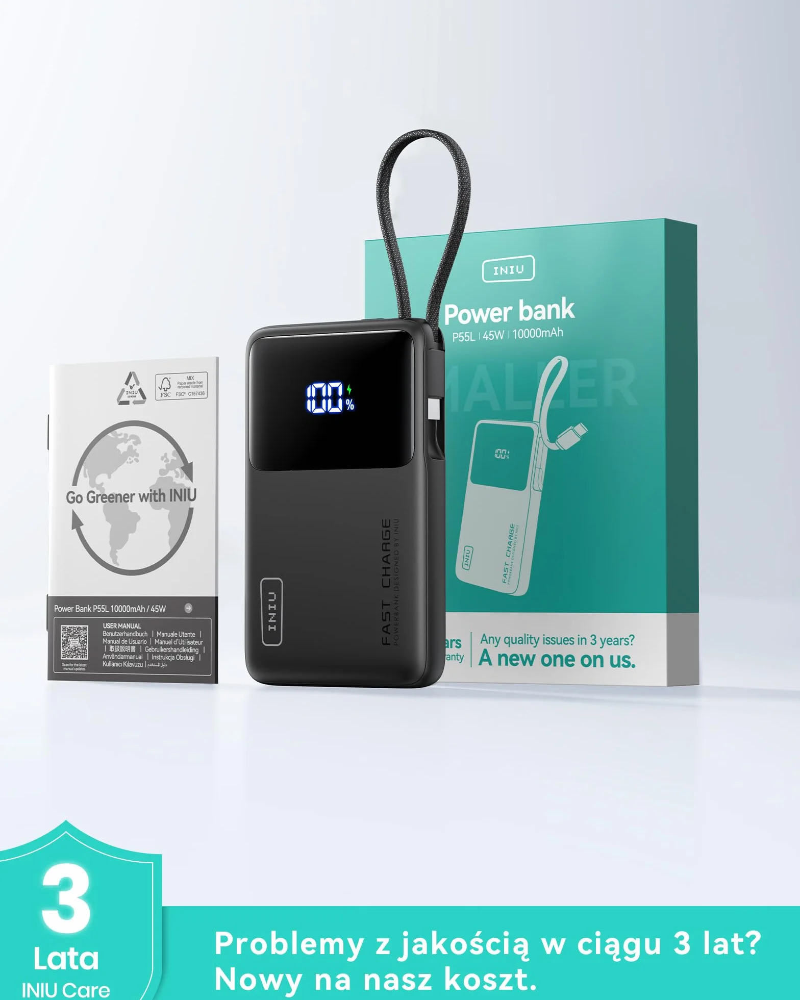 INIU Power Bank 45 W 10 000 mAh cienki powerbank z wbudowanym kablem USB-C przenośna ładowarka USB C In&Out