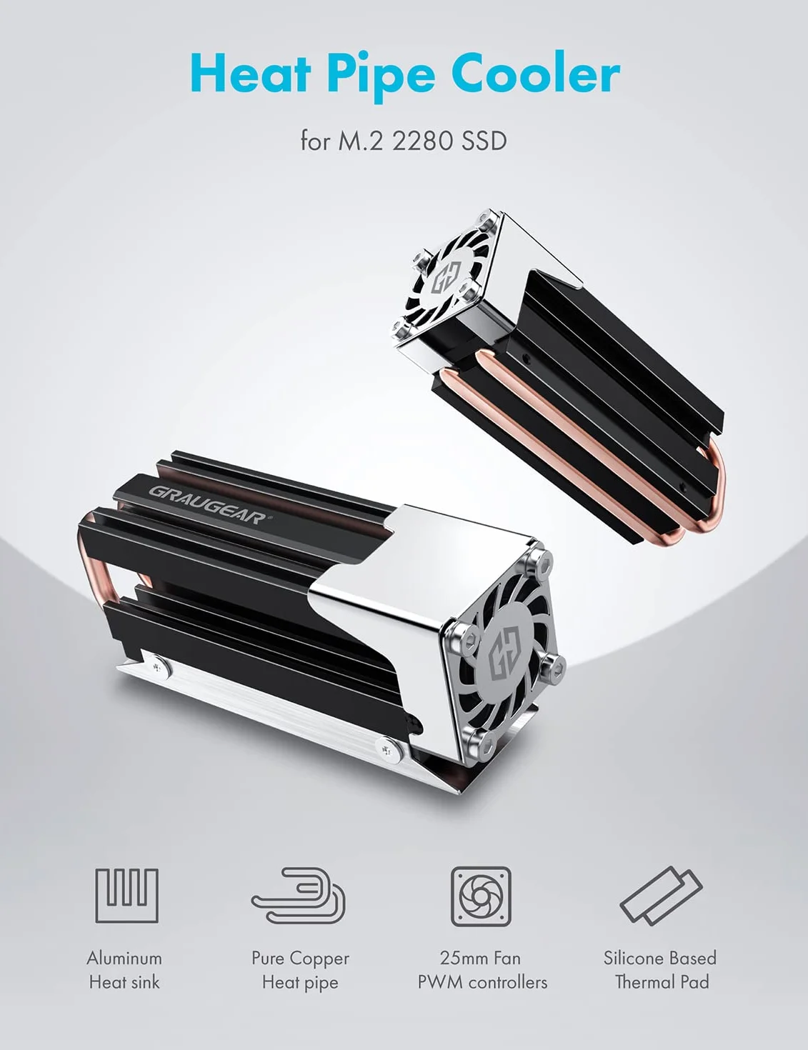 GRAUGEAR G-M2HS03-F chłodnica Heatpipe M.2 NVMe 2280 aktywny wentylator PWM 25 mm miedziana rura cieplna