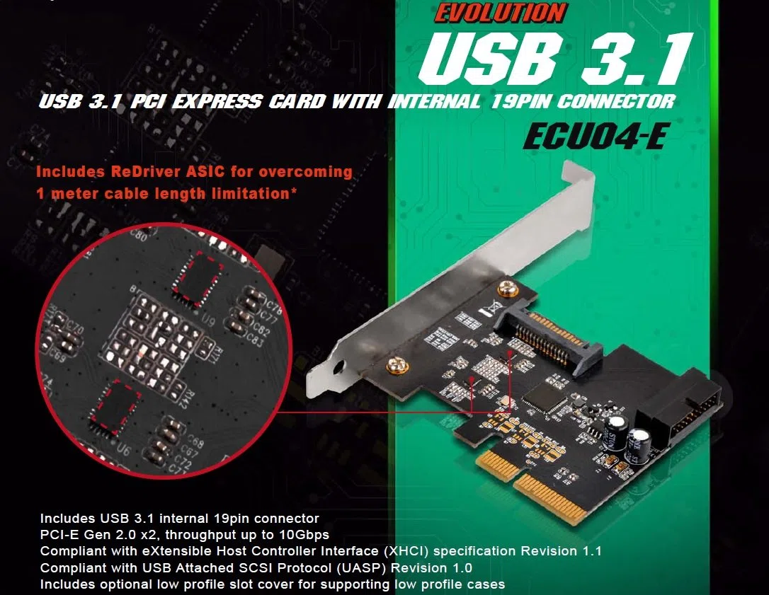 SilverStone SST-EC04-E - Karta Rozszerzeń PCI-E Z USB 3.0, 15-Pinowe Złącze Zasilania SATA, 1 x 20-Pin Wewnętrzny + 2 x Zewnętrzne Porty (Typ A)