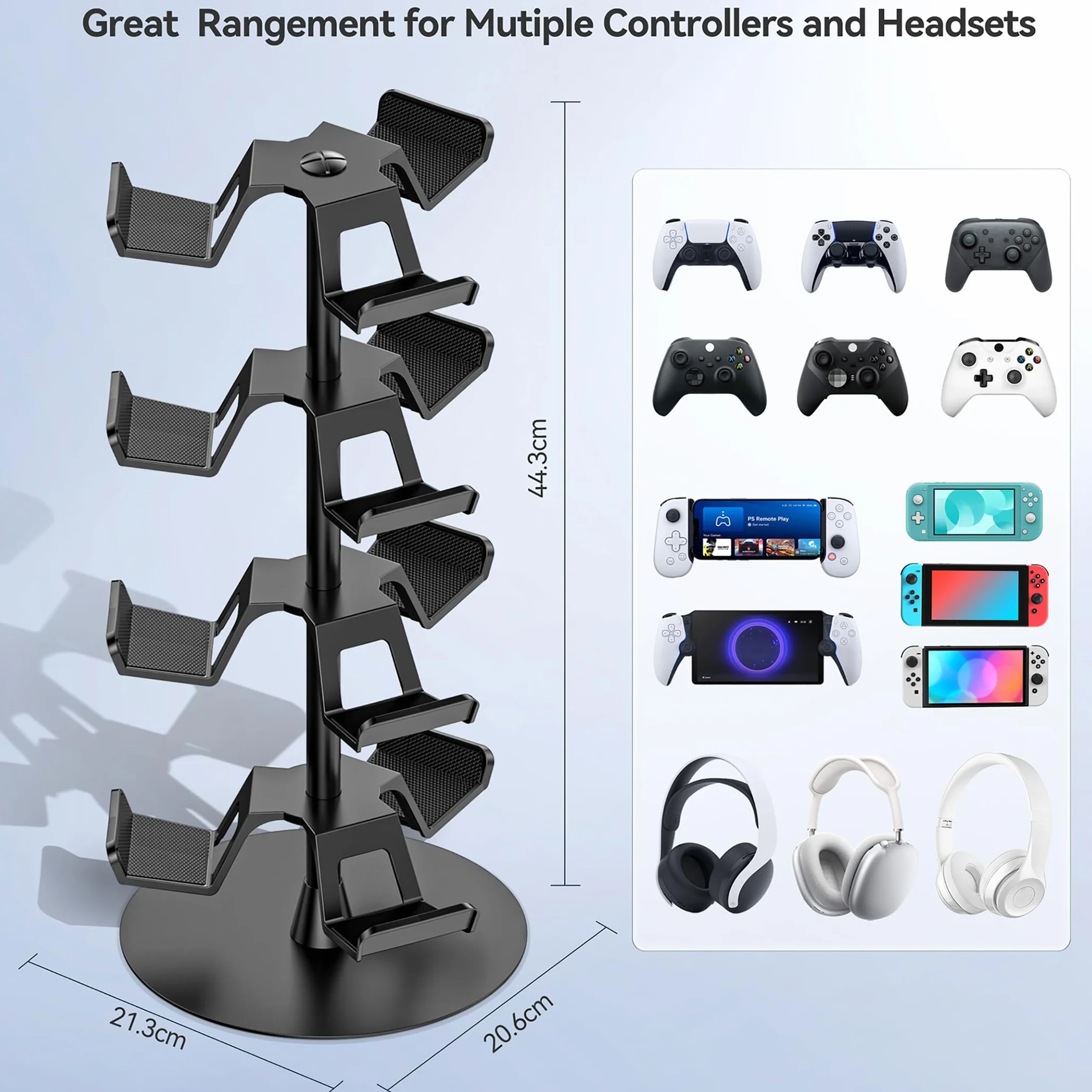 Stojak na słuchawki 3 poziomy na biurko, obrotowy stojak na kontroler do gier na PS5/PS4/Xbox/Switch2/PS Portal/telefon, uniwersalny kontroler akcesoriów dla graczy, uchwyt na słuchawki do 9 opakowań