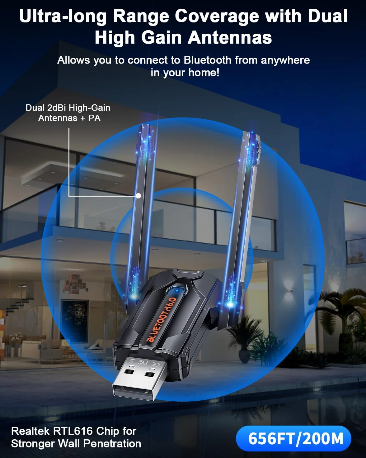 ZEXMTE Adapter Bluetooth 5.4 USB do komputera, EDR i BLE, antena o wysokim wzmocnieniu, 180 m dalekiego zasięgu