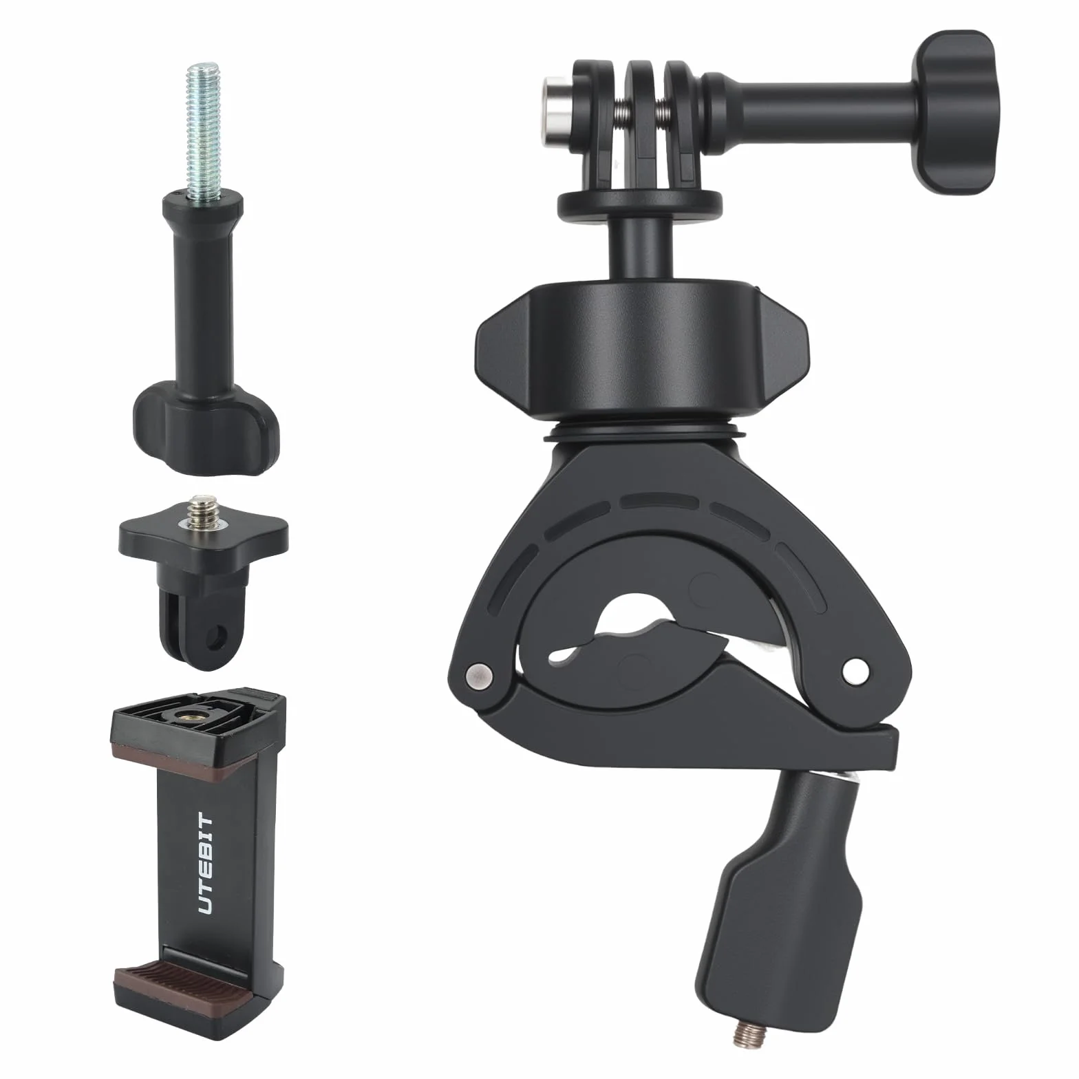 UTEBIT Uchwyt do kamery sportowej DJI Action 5 Pro/4/3/Pocket, obracany o 360° uchwyt na kierownicę rowerową GoPro Hero 13/12/11, do Insta360 X4/X3/GO3 z uchwytem na telefon komórkowy, odpowiedni do