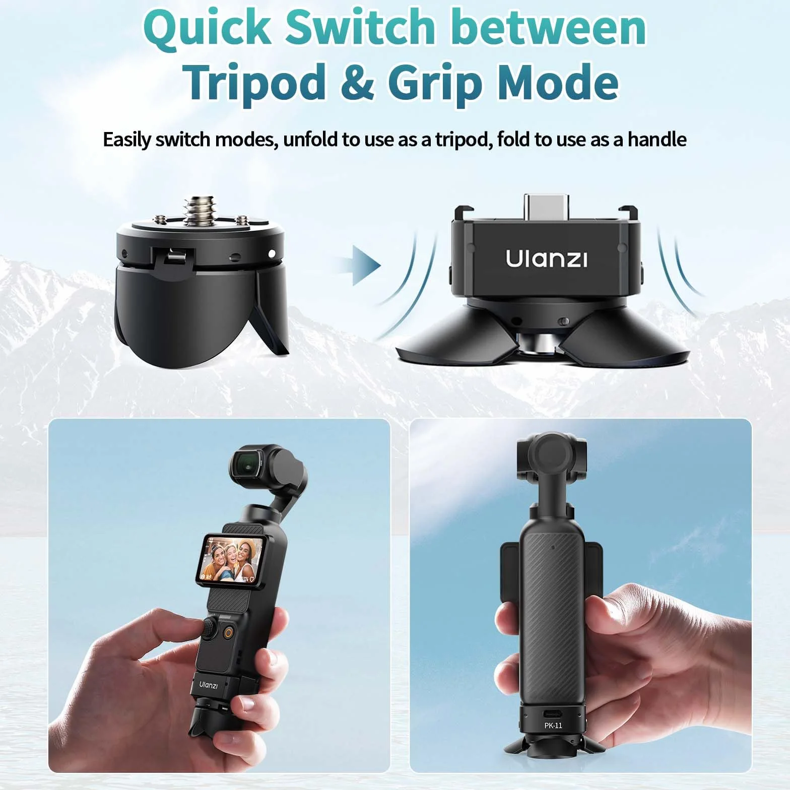 ULANZI Zestaw mini statywu z szybkim uwalnianiem do DJI Osmo Pocket 3, w pełni funkcjonalny port typu C, podstawa adaptera ładującego do Pocket 3 akcesoria z otworem na śrubę 1/4 do statywów (PK-08 i