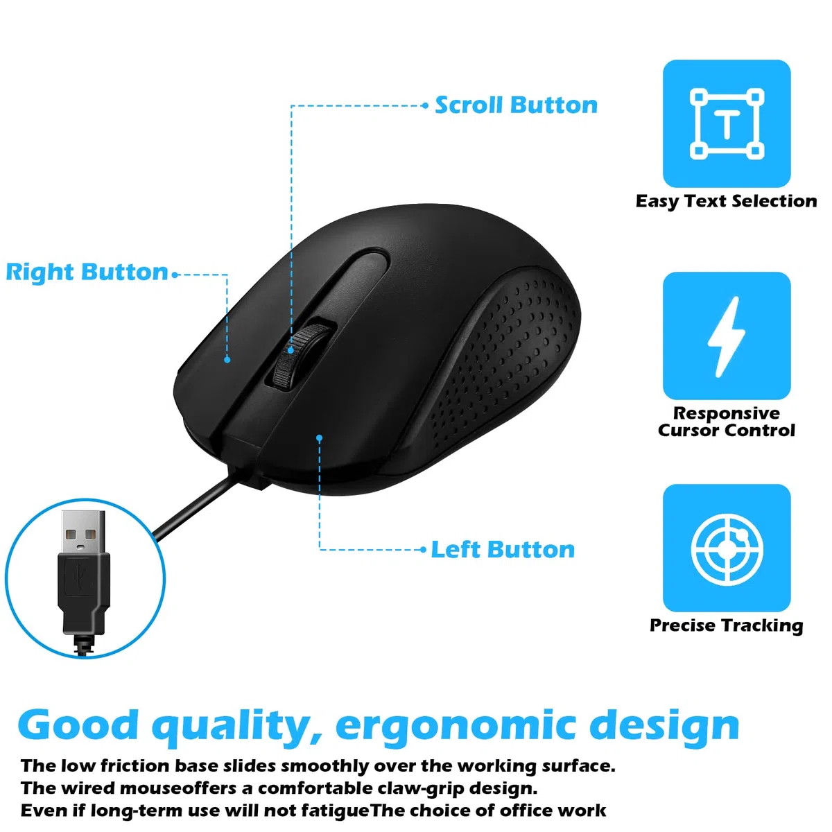 Przewodowa mysz komputerowa, przewodowa, przewodowa, z ergonomiczną konstrukcją, mysz komputerowa, Plug and Play, USB, dla studentów, nauczycieli, kompatybilność z wieloma urządzeniami, do klasy, domu