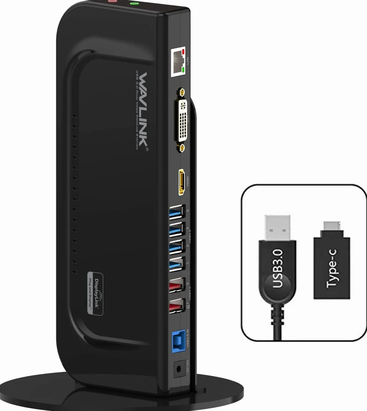 Wavlink uniwersalna stacja dokująca USB 3.0 z podwójnym wyjściem wideo (DVI, VGA lub HDMI) do laptopa/PC lub komputera Mac, Gigabit Ethernet, wejście i wyjście, 2 porty USB 3.0, 4 porty USB 2.0