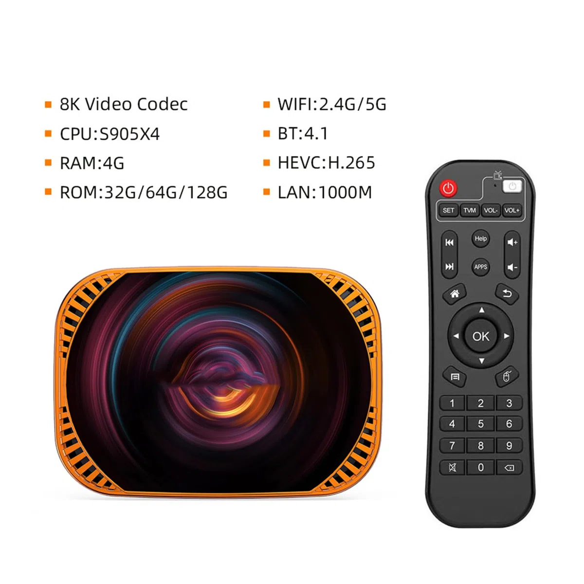 TV Box 8K, S905X4 14, Czterordzeniowy, 4 GB RAM, 32 GB ROM, Box z Wi-Fi 6, Dwuzakresowy 2,4G 5G Gigabit Ethernet, USB 3.0, Wyjście AV do Strumieniowego Przesyłania (4+128G wtyczka UE)