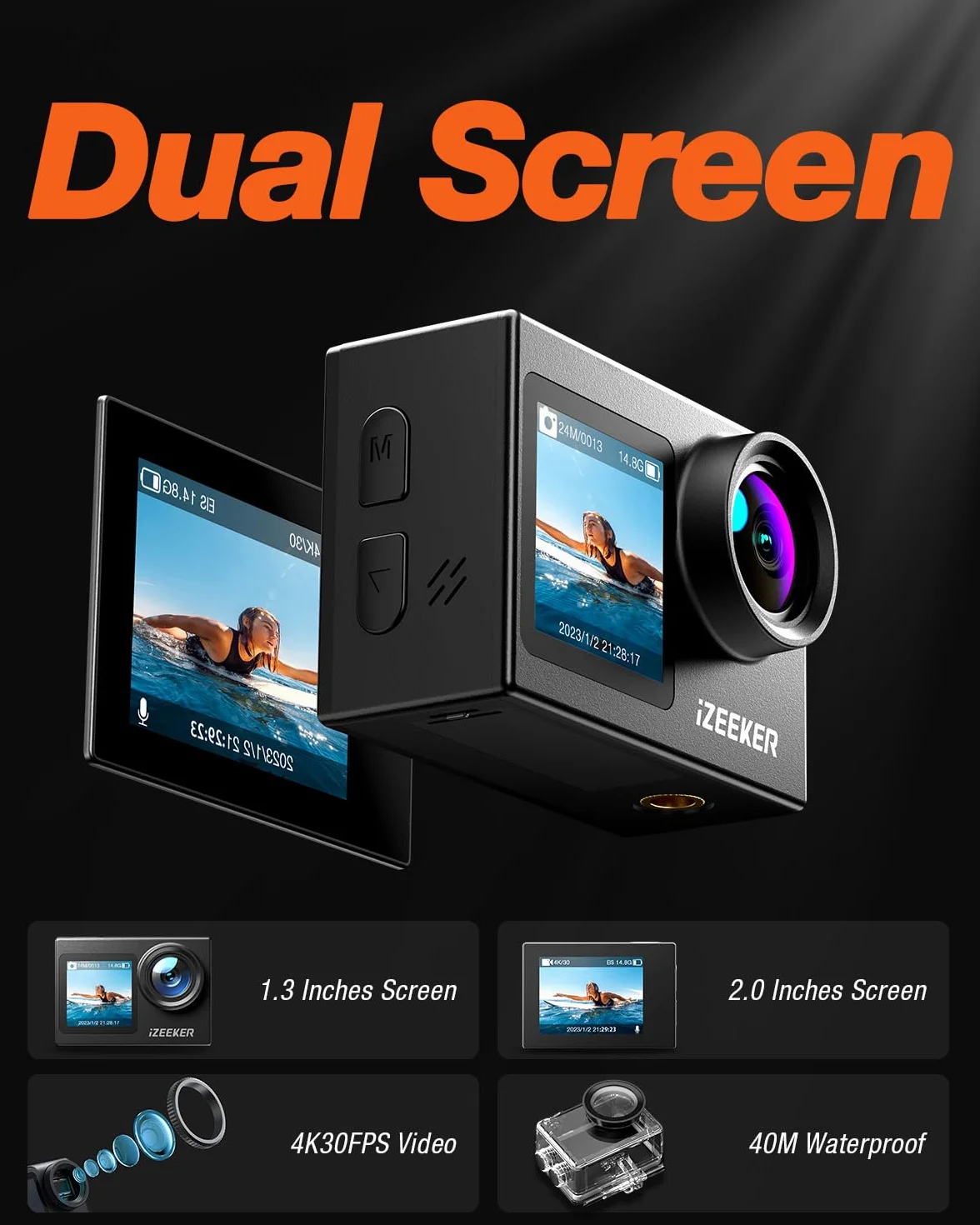 iZEEKER Action Cam 4K, 24MP HD Fotocamera Subacquea Impermeabile 40M Telecamera per Casco con Doppio Schermo, Microfono Esterno, Telecomando 2.4G, Batteria 2x1350mhA