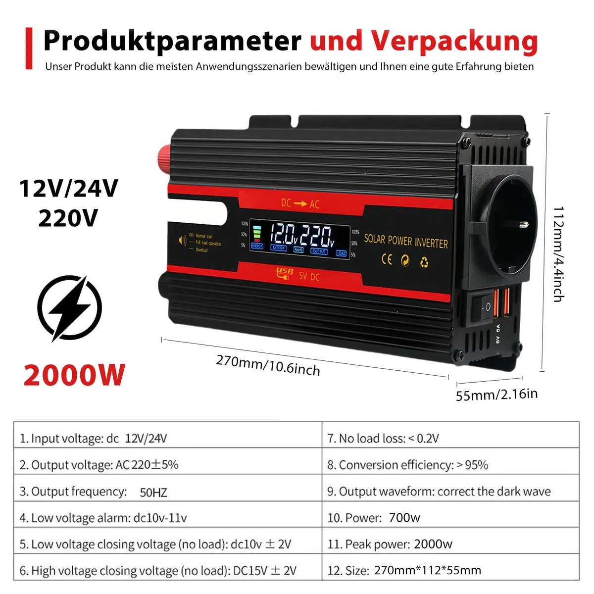 Przetwornica napięcia DC 12 V/24 V na AC 230 V, zmodyfikowana fala sinusoidalna, fala solarna 700 W/2000 W z gniazdami UE, 2 adaptery USB do samochodów osobowych, ciężarowych, przyczep kempingowych