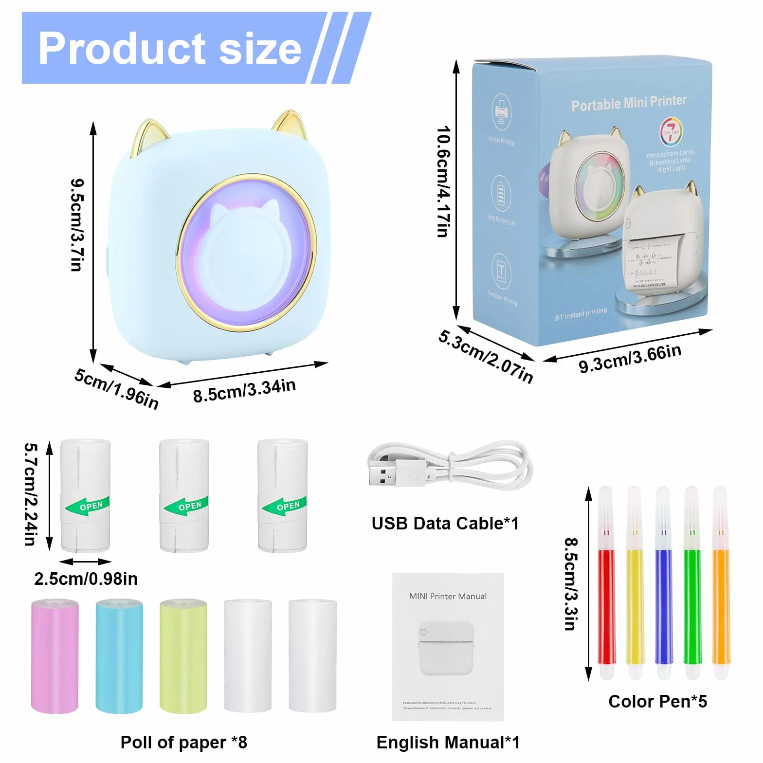 GuKKK Mini drukarka, mobilna drukarka fotograficzna, przenośna, mini drukarka fotograficzna z siedmioma kolorami LED, bezprzewodowa drukarka fotograficzna, drukarka termiczna do smartfonów, drukarka