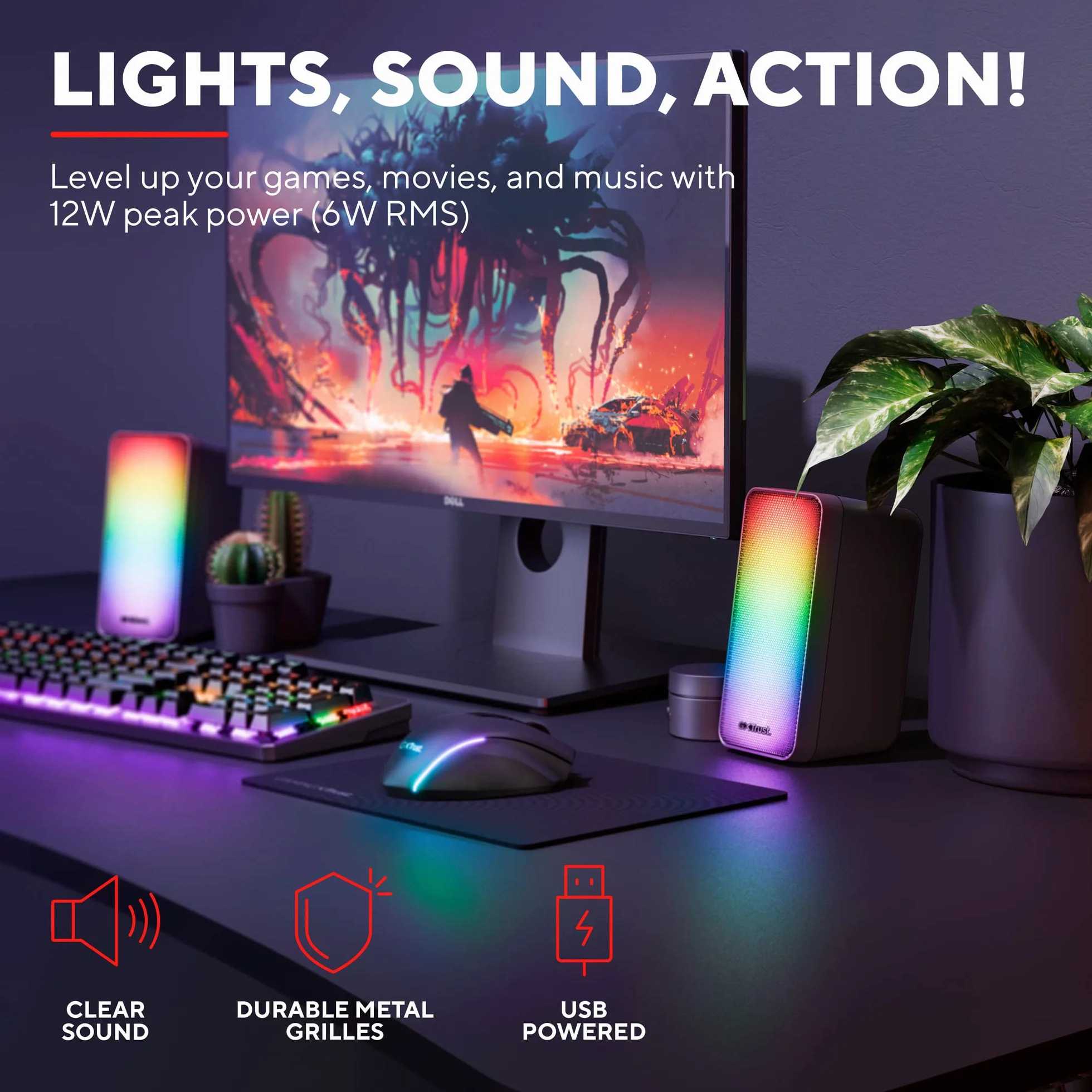 Trust Gaming GXT 611 Wezz 2.0 głośniki do gier z oświetleniem RGB LED 12 W (6 W RMS), zasilanie USB, 3,5 mm, głośniki PC stereo dla komputera, laptopa i gier - czarny