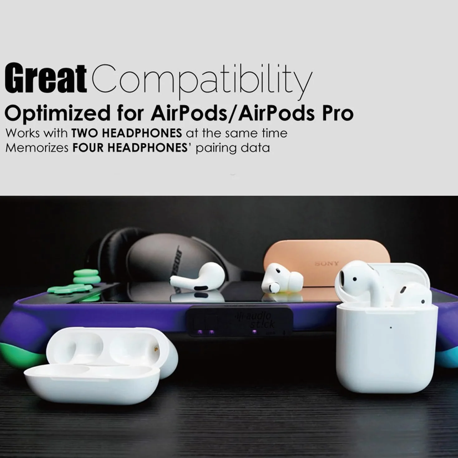 Skull & Co. AudioStick Bluetooth 5.2 bezprzewodowy adapter nadajnika audio o niskiej latencji dla PS5 / PS4, Nintendo Switch/Lite/Inne urządzenia, zoptymalizowany dla AirPods/Pro - Czarny