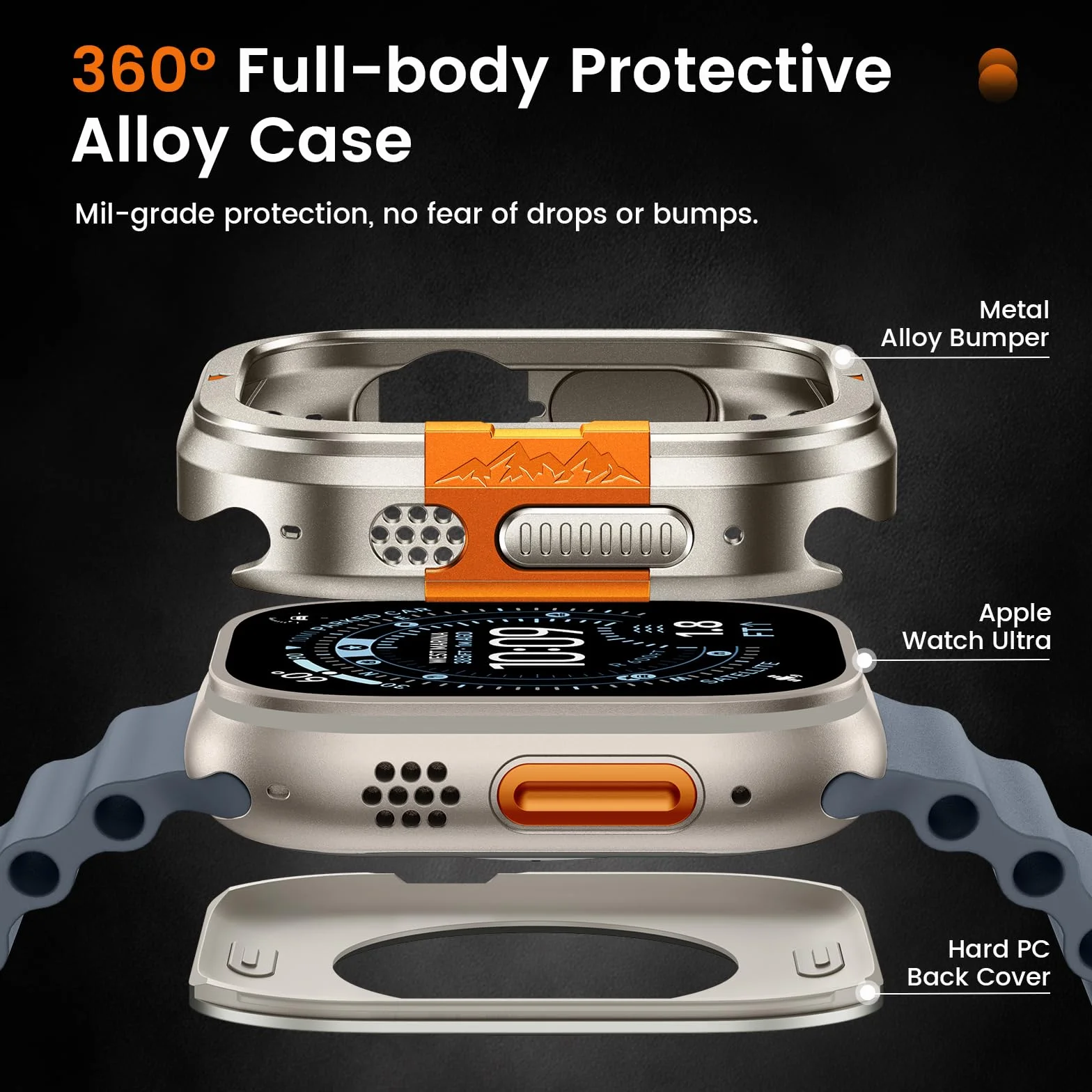 Kamita Metalowa obudowa kompatybilna z Apple Watch Ultra 3/2/1 49 mm, zderzak z hartowanego szkła ochronnego i tylną pokrywą, osłona 360° na iWatch 49 (tytan)