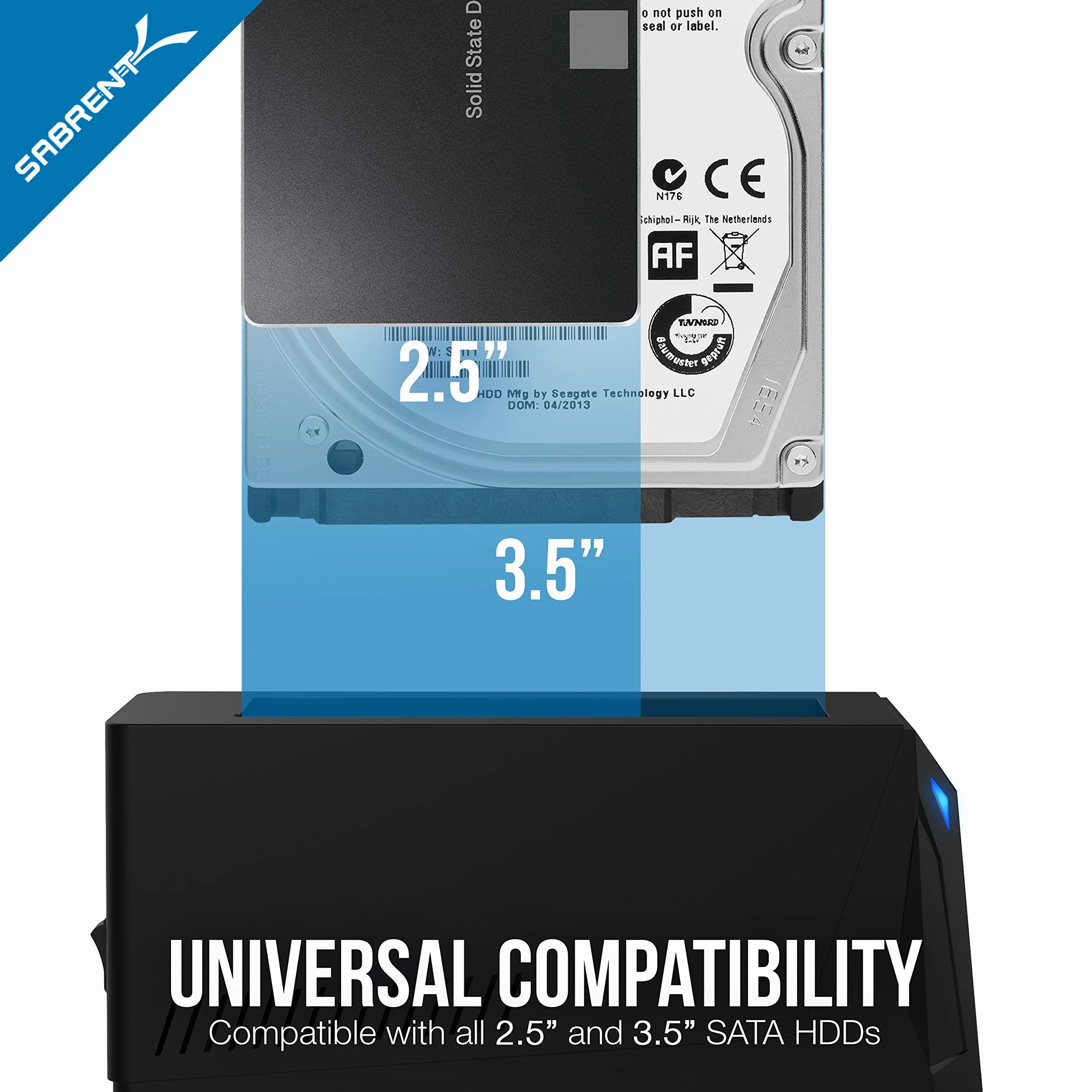 SABRENT SSD/HDD 2,5/3,5 cala stacja dokująca, obudowa dysków twardych, USB 3.2 Gen1 dysk twardy, sata na USB Enclosure z zasilaczem 12 V, zewnętrzny adapter do dysku twardego typ A z kablem 1,8 m, bez narzędzi