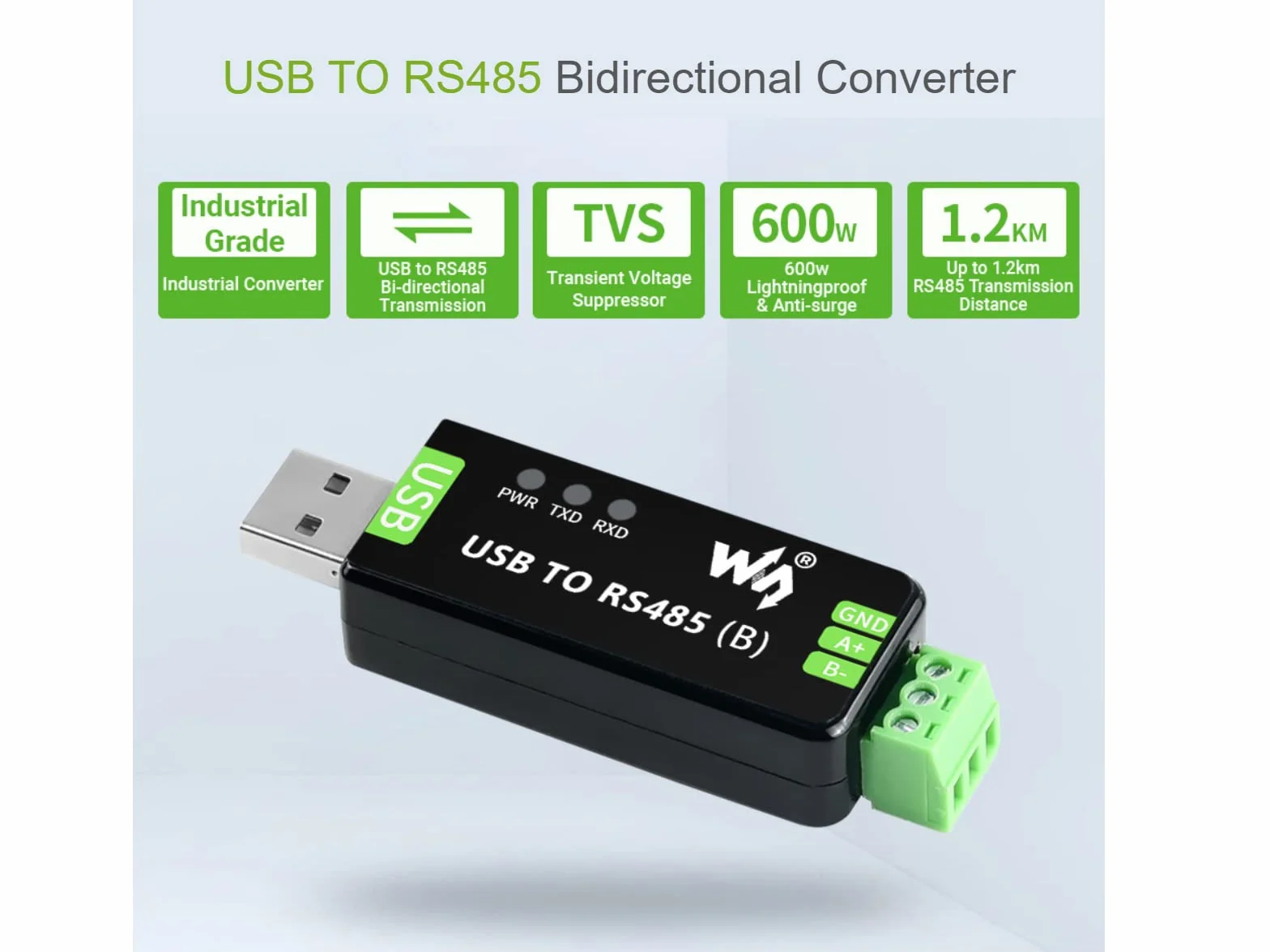 Przemysłowy konwerter USB do RS485 z oryginalnym CH343G i SP485EEN 300 bps ~ 3 Mbps Baudrate Built-In Lightningproof Tube,Resettable Fuse, ESD i TVS Protection Circuits