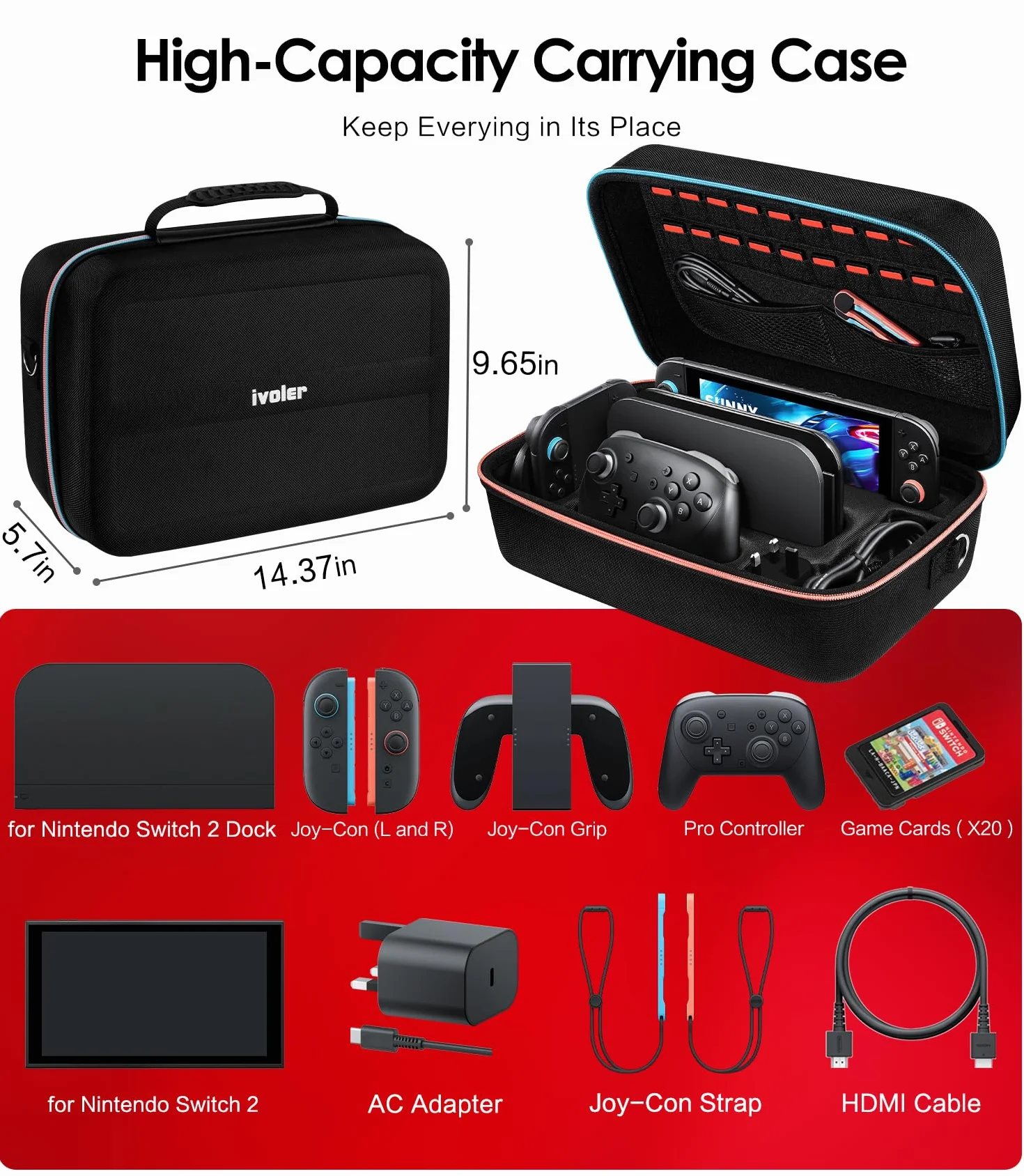 Ivoler torba Kompatybilna z Nintendo Switch 2 Model 2025, Deluxe Twarda torba na przenoszenie, ochronna, przenośna osłona, etui ochronne na konsolę Switch 2, i inne akcesoria