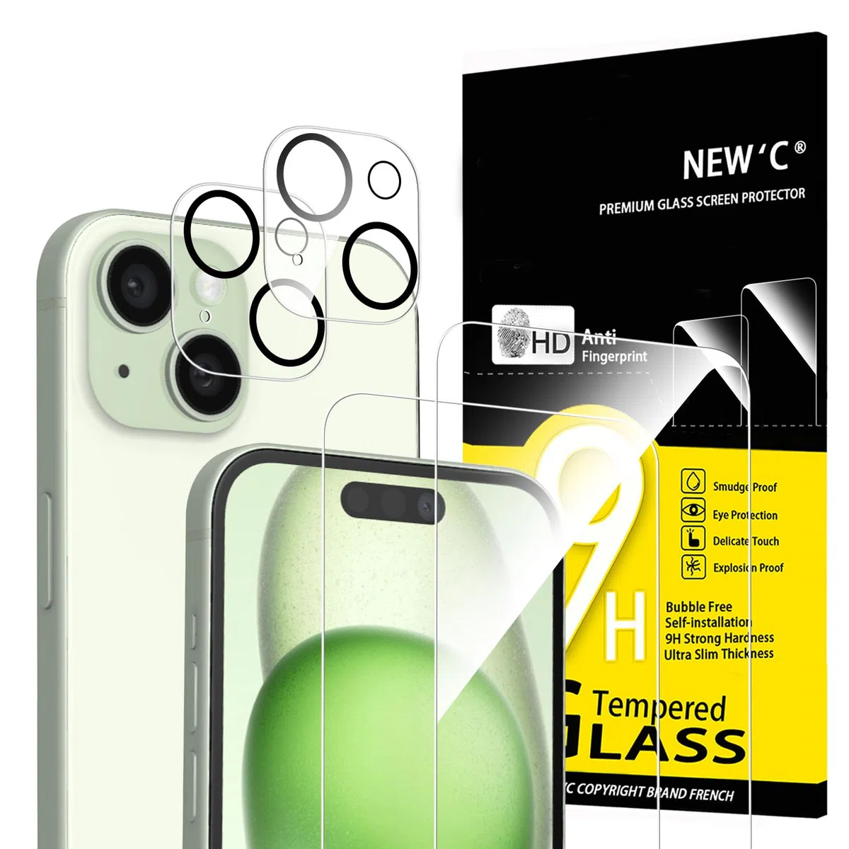 NEW'C 4 sztuki, 2 szt. ochraniaczy ekranu do iPhone'a 15 [6,1 cala] + 2 szt. ochraniaczy obiektywu aparatu, ochrona czujnika, przyjazna dla obudowy folia ze szkła hartowanego