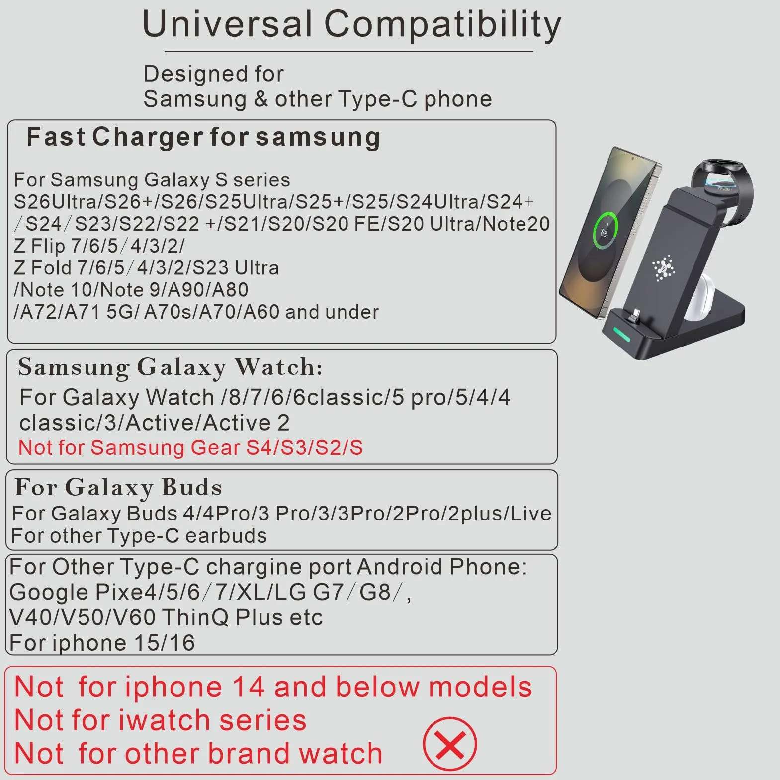 Stacja szybkiego ładowania 3 w 1 do smartfonów Samsung Galaxy, zegarków i słuchawek dousznych, bardzo szybka ładowarka USB C do Samsung Galaxy S25/S24/S23/S22/21/20/Note 20/10, Galaxy Watch Ultra 8/7
