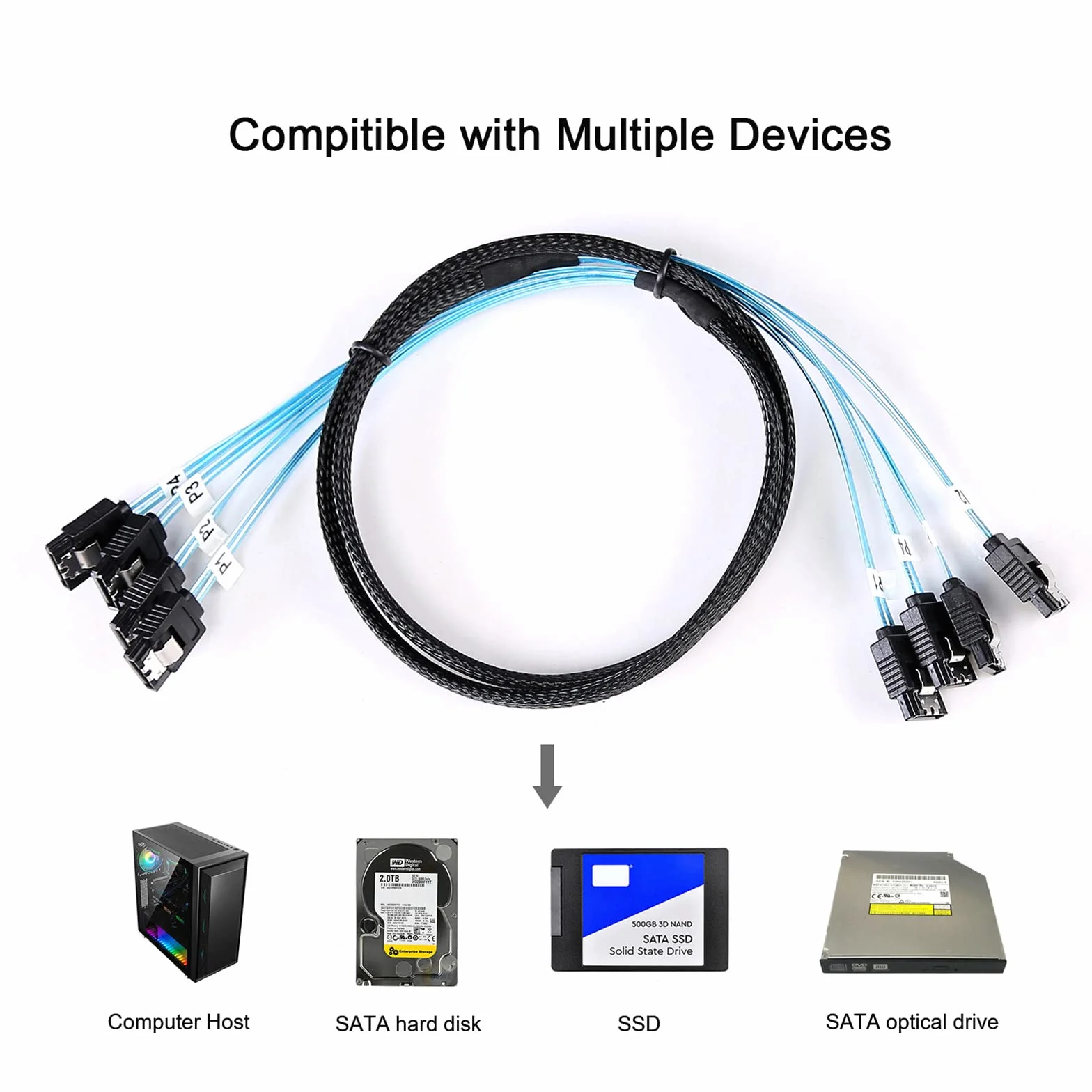 ADCAUDX Kabel SATA III, 1 m, 4 szt./zestaw, SATA-6 GB/s, HDD-SDD, zamiennik do komputera Bitcoin, SSD, dysku twardego, CD, DVD Drives Raid (1 m)