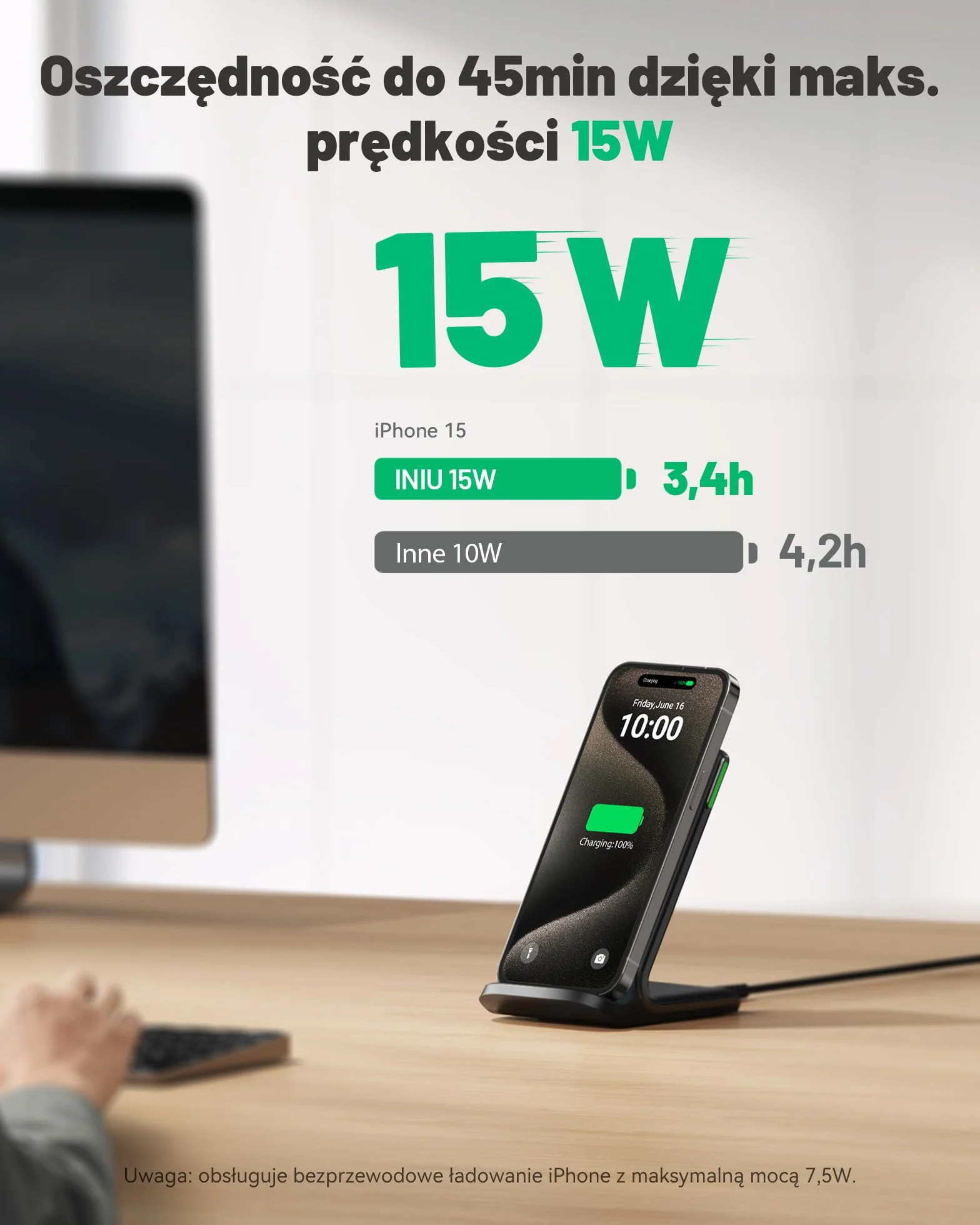 INIU Bezprzewodowa Ładowarka, 15W Ładowanie Stacja Ładująca, Stojak do Ładowarki Bezprzewodowej LED Adaptacyjny, Ładująca Podstawka dla iPhone 17 16 15 14 13 12 Pro Max Samsung S24 S23 etc