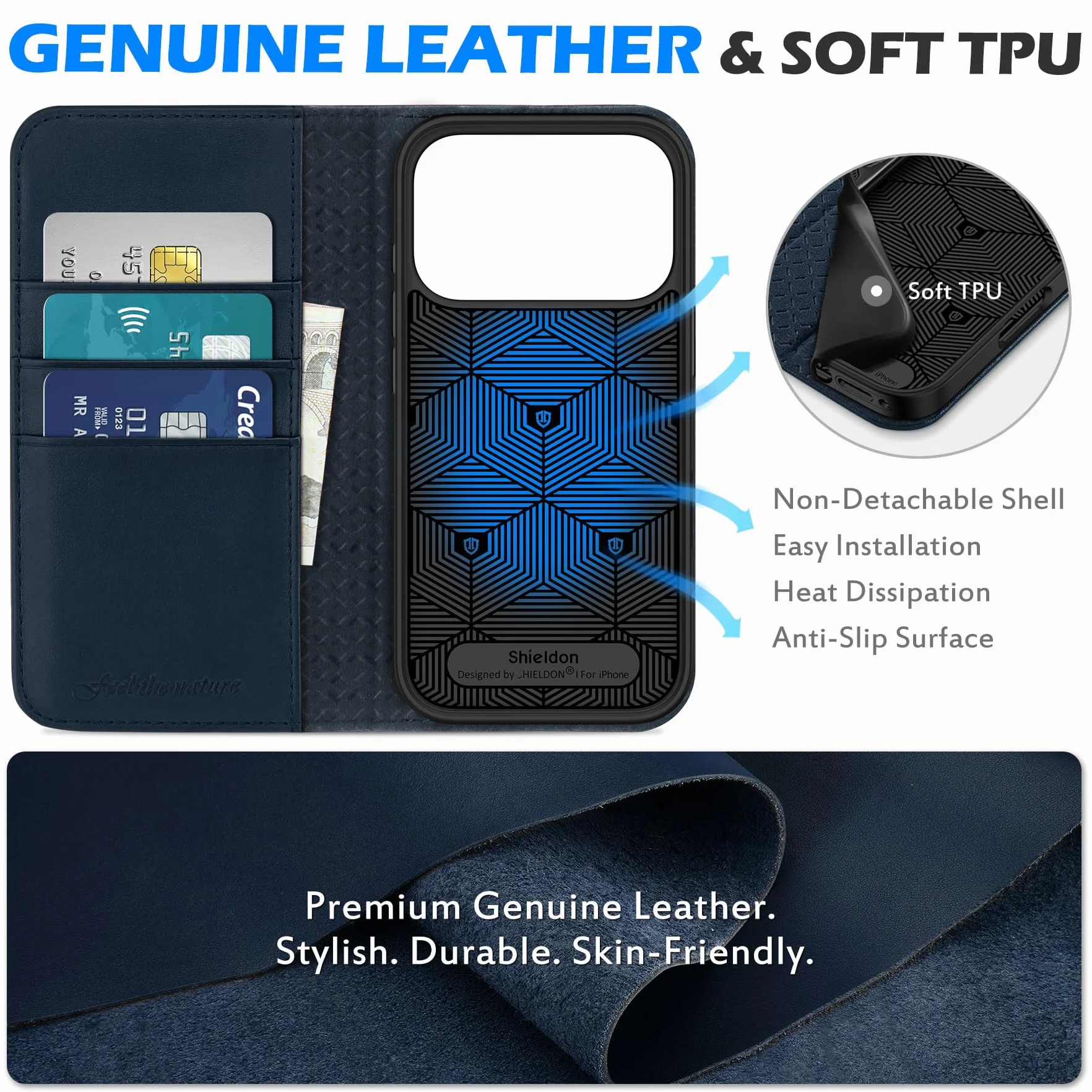 SHIELDON Etui do iPhone 17 Pro 6,3" 5G 2025 Skórzany Portfel RFID Magnetyczne Folio Granatowy