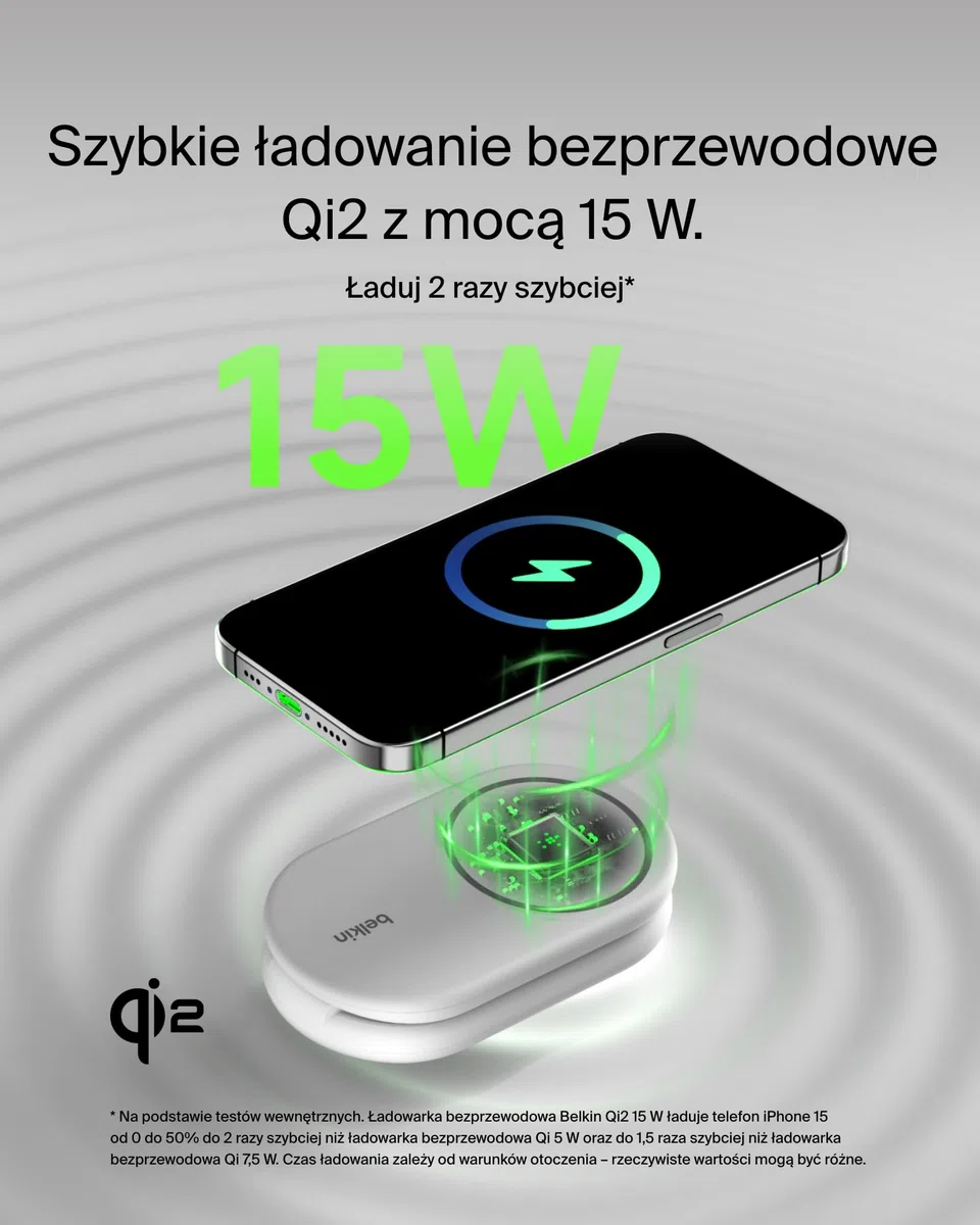Belkin BoostCharge magnetyczna, składana ładowarka Qi2 2 w 1 o mocy 15 W, ładowarka bezprzewodowa zgodna z MagSafe do Apple iPhone 16/15/14/13, z antypoślizgową podstawą, zasilacz w zestawie – biała