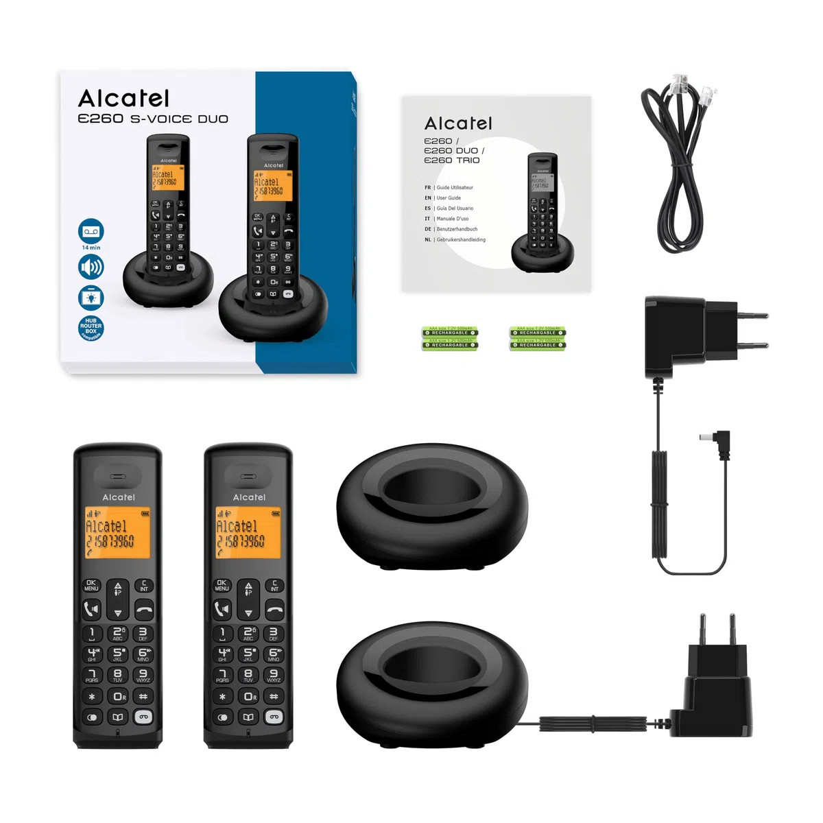 ALCATEL E260 S. Voice Duo – bezprzewodowy telefon DECT z automatyczną sekretarką – duży podświetlany wyświetlacz – zestaw głośnomówiący – blokowanie niechcianych połączeń – 2 części mobilne – czarny