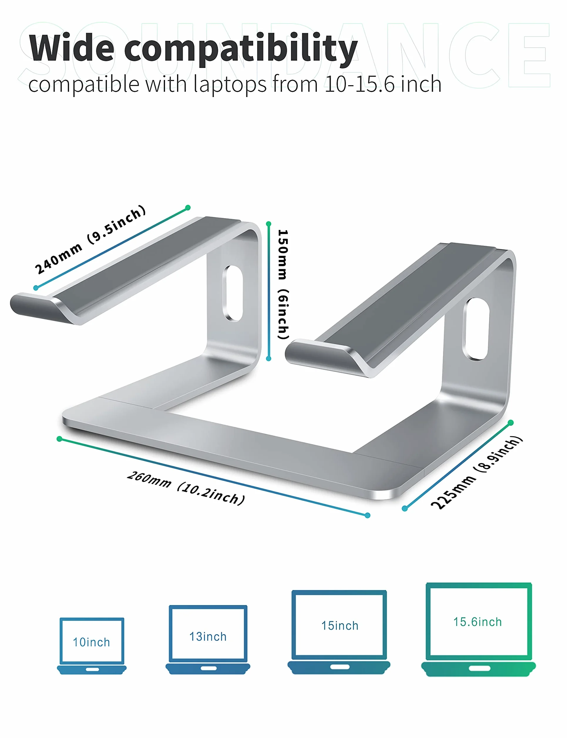 SOUNDANCE Aluminiowy stojak na laptopa na biurko kompatybilny z Mac MacBook Pro Air notebookiem Apple, przenośny uchwyt ergonomiczny podest metalowy do 10 do 15,6 cala komputera stacjonarnego, LS1