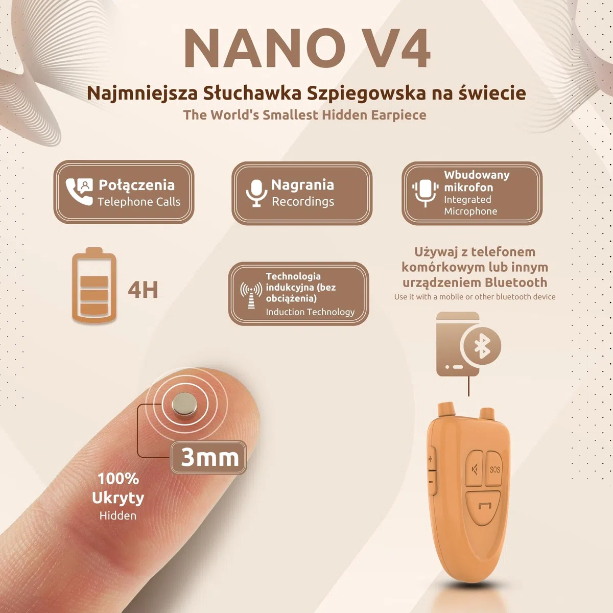 PingaOculto Słuchawki szpiegowskie Bluetooth bezprzewodowe słuchawki niewidoczne, ukryte mini zestaw słuchawkowy do telefonu z mikrofonem - tajne słuchawki, mikro-urządzenie do słuchania, oszukiwanie