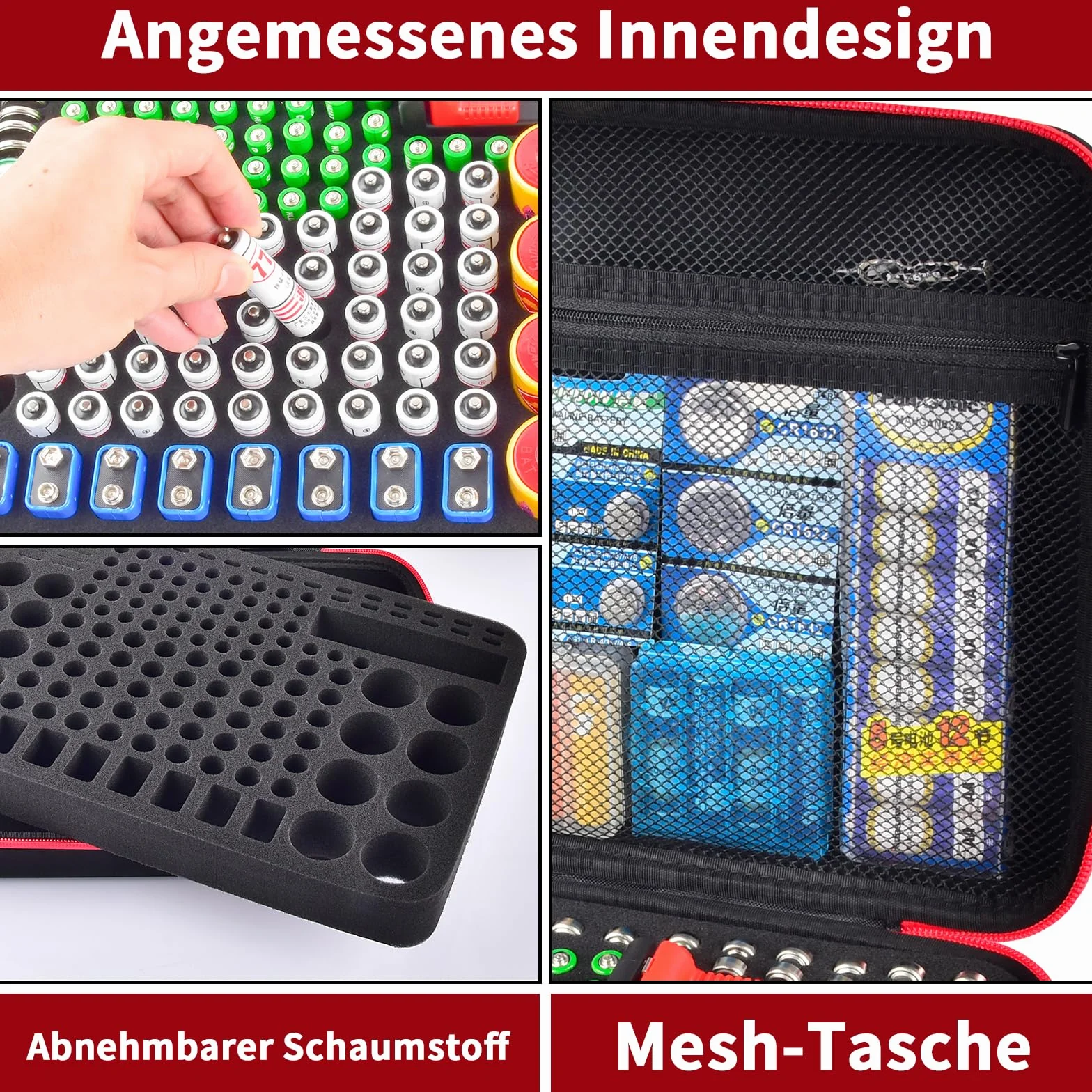 Organizer na baterie pudełko do przechowywania z testerem BT-168. Mieści 225 baterii AA AAA, C, D, ogniwo 9 V, 3 V, litowe (czarny, duży)