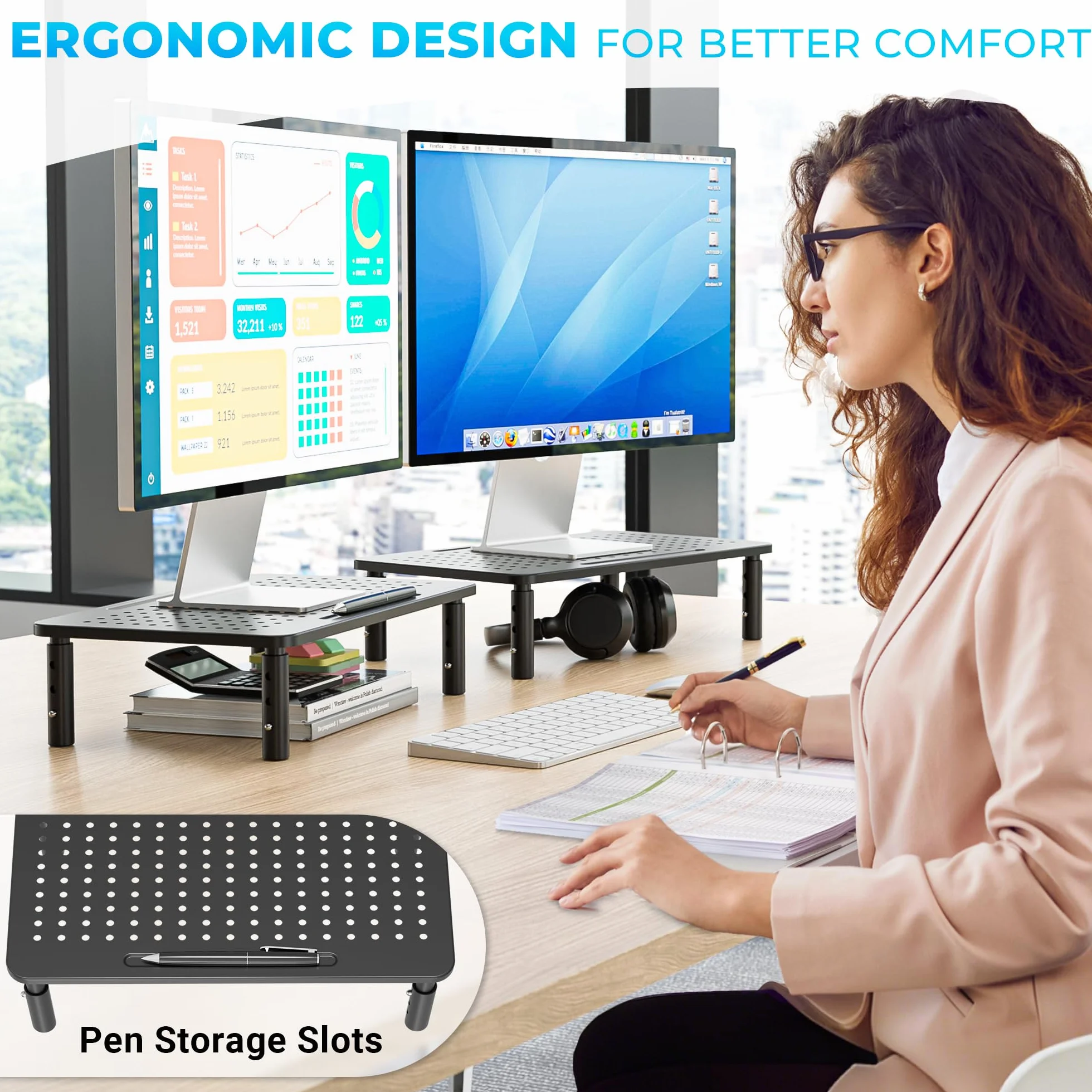 BONTEC Stojak na Monitor z Regulacją Wysokości, Ergonomiczna Podstawka Biurkowa z Siatkową Platformą, Solidna Stalowa Konstrukcja do Laptopa, Komputera, PC, Max. 20KG, Łatwa Organizacja Kabli (2 Pack)