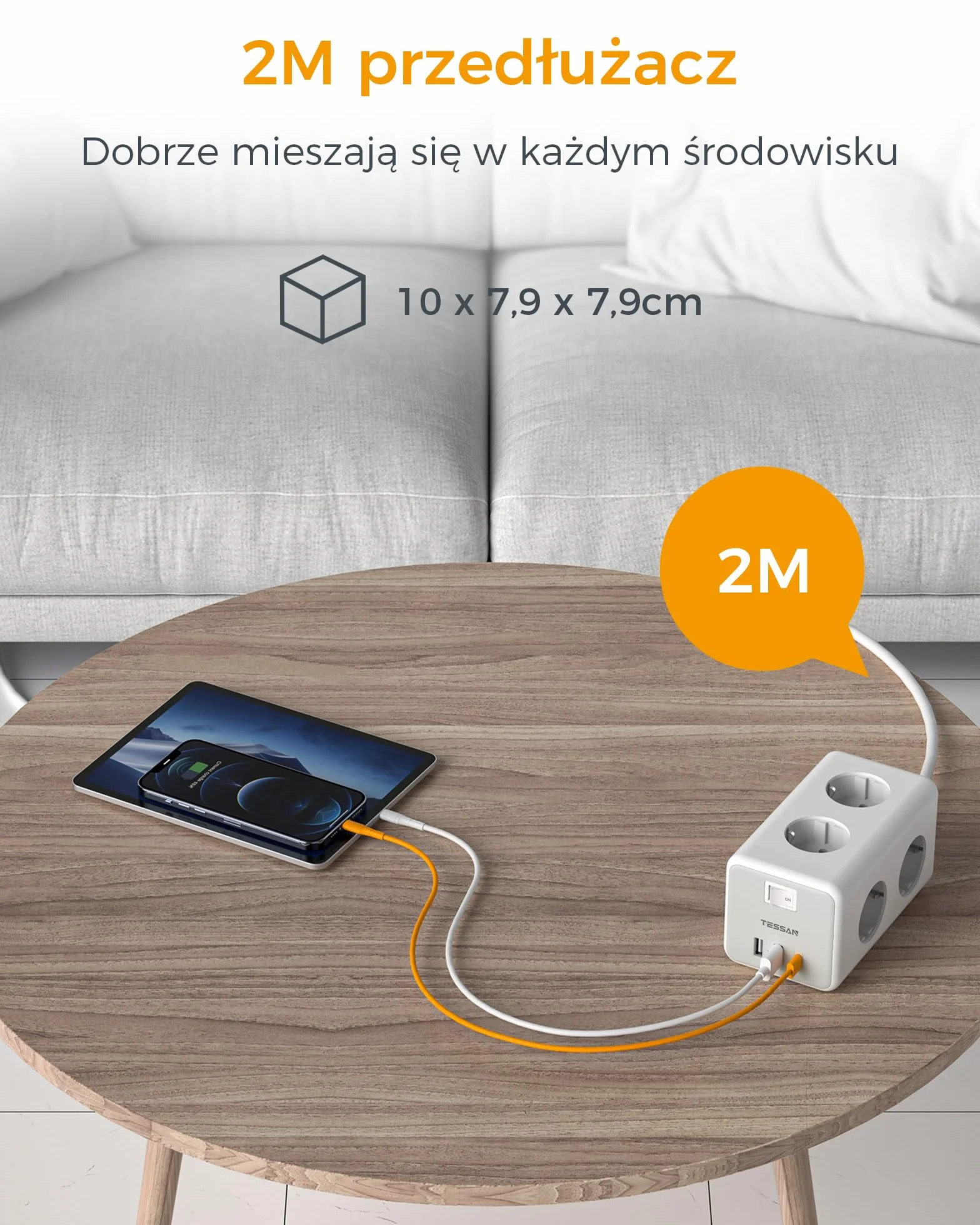 TESSAN Listwa zasilająca USB C, 9 w 1 przedluzacz elektryczny z 3 USB porty, listwy zasilające z wyłącznikami, przedłużacz elektryczny 2M, listwa USB do domu, biura, 3600W, szaro biały