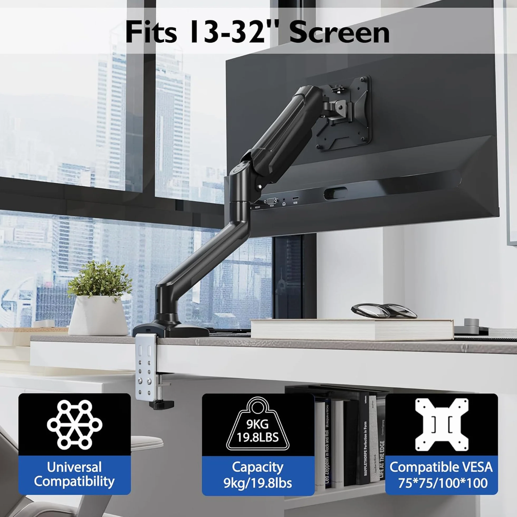 BONTEC Pojedyncze Ramię Monitora 13-32 cale, VESA 75x100mm, Nośność 9 kg, Regulacja Wysokości i Obrót 360°
