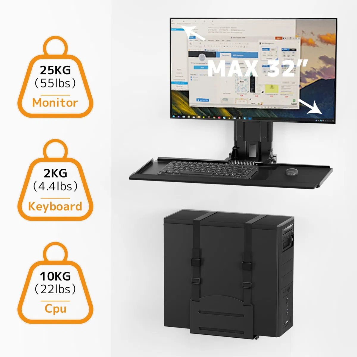 Uchwyt ścienny do monitora i klawiatury z uchwytem na procesor do monitorów 81.3 cm (maks. 25 kg), tacą na klawiaturę (obciążenie 2 kg) i uchwytem na procesor (pojemność 10 kg) - regulacja wysokości