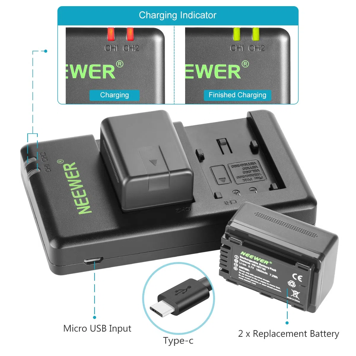 NEEWER Zapasowy zestaw akumulatorów i ładowarek do VW-VBT190, 2 baterie 1950 mAh i podwójna ładowarka USB, kompatybilny z Panasonic HC-V110 V130 V160 V180 HC-V201 V210 V250 HC-V380 HC-V510 V520 V550