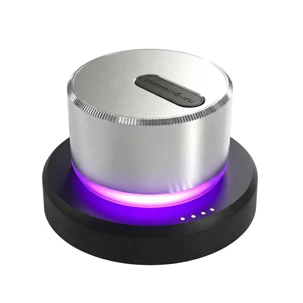 HumminGuru LUMI Stabilizator Ciężaru Płyty i Tester Prędkości Gramofonu Dysk Stroboskopowy i Światło 33/45/78 RPM | LP 300 g Aluminiowy Zacisk Ciężarków Lampa Oświetlenia Ambientowego 9 LED Kolorów