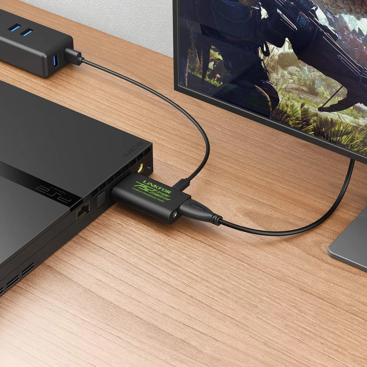 LiNKFOR Konwerter PS2 na HDMI wideo i adapter audio do słuchawek 3,5 mm z kabelem HDMI 1 m kompatybilny z monitorami HDTV