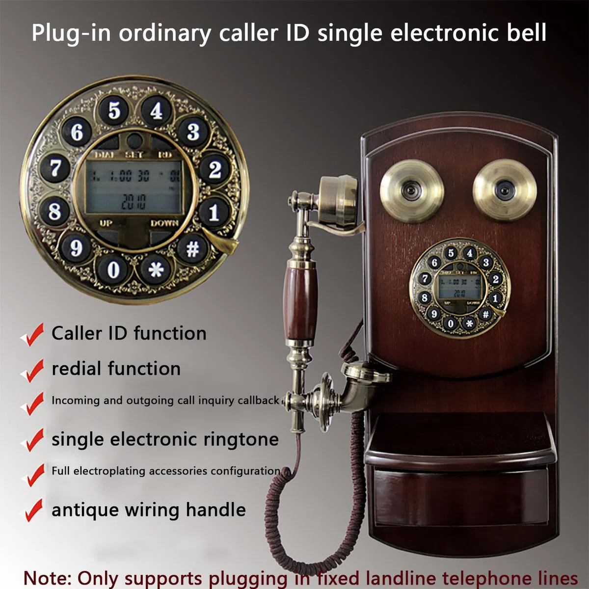 Drewniany telefon ścienny w stylu vintage, z obrotową tarczą, funkcja połączeń bez użycia rąk, dekoracja retro, do domu, salonu, biura, kawiarni