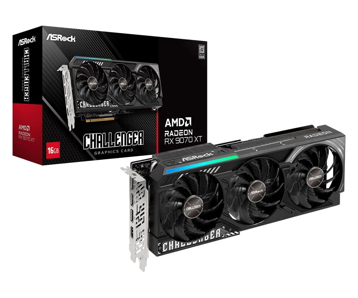 ASRock Karta graficzna Radeon RX 9070 XT Challenger 16 GB OC, architektura AMD RDNA 4, zegar Boost 2970 MHz, 16 GB GDDR6, PCIe 5.0, DisplayPort 2.1a, HDMI 2.1b, potrójne chłodzenie wentylatorem, 800 W
