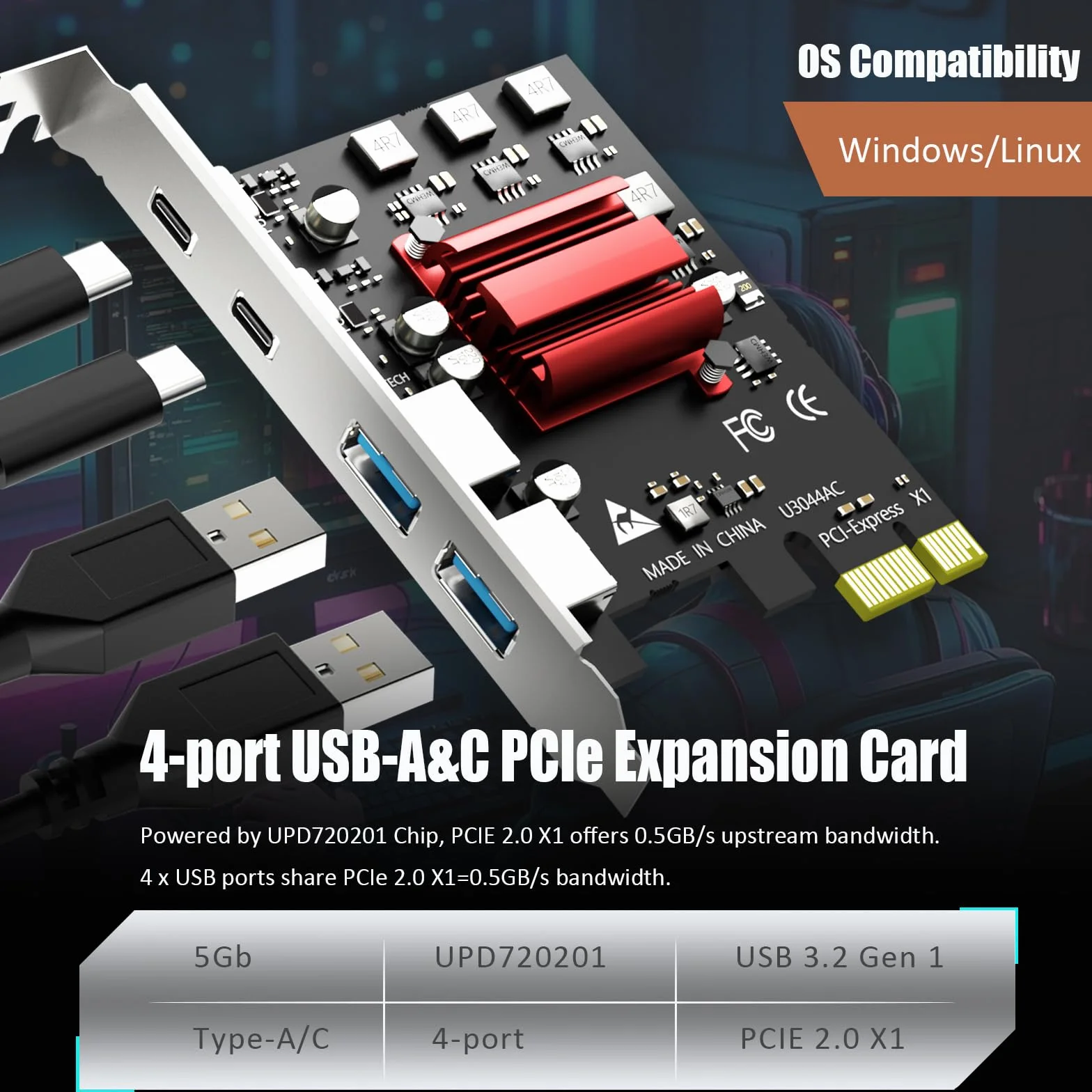 GLOTREND U3044AC 4-portowa karta rozszerzeń PCIe USB, 2 porty USB-C i 2 porty USB-A (USB 3.2 Gen 1), kompatybilna z systemami Windows i Linux (nie obsługuje systemu Mac OS)
