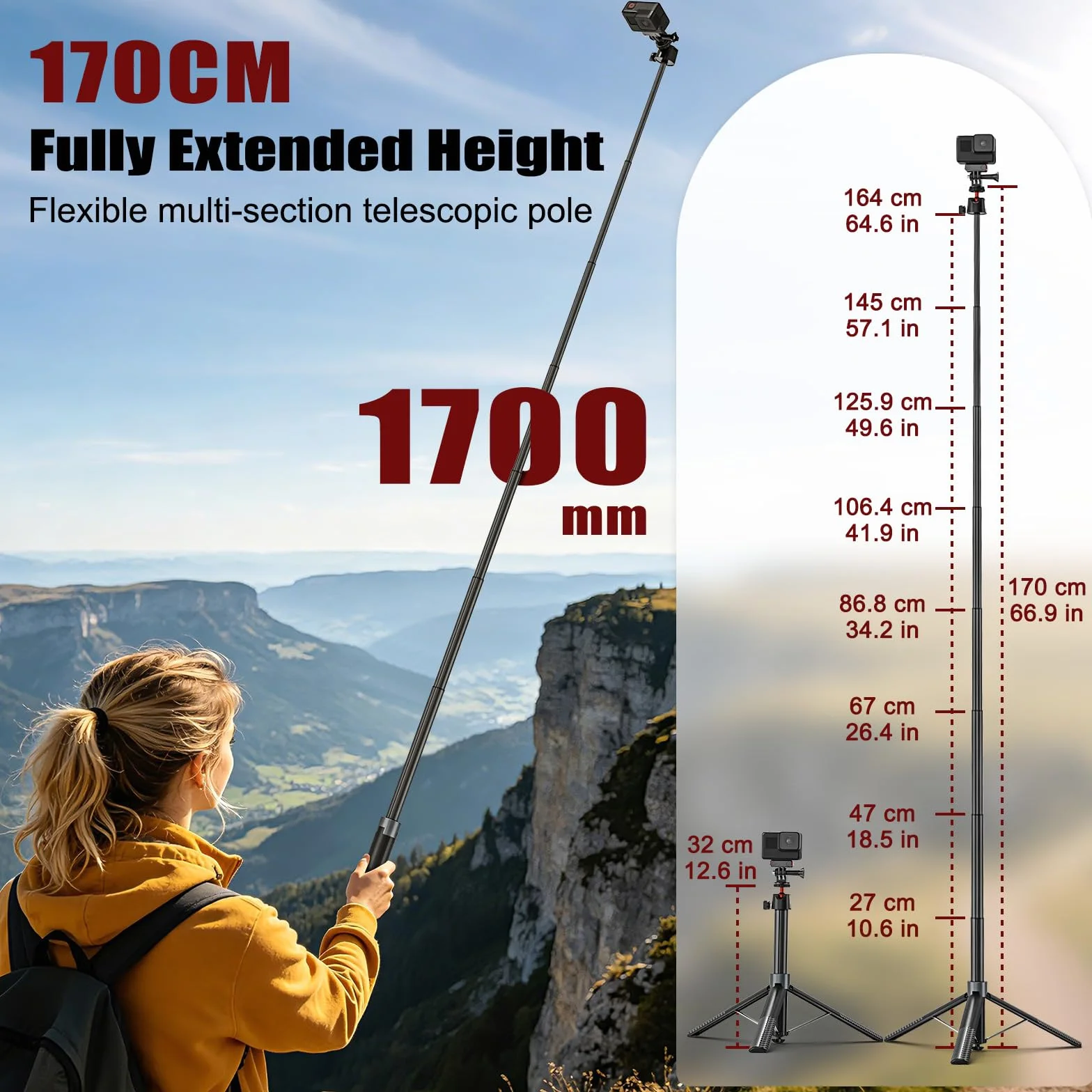 Wiseten Statyw do selfie 170 cm do DJI Osmo Pocket 3 DJI Action 5 Pro/4 Insta 360 X5 X4 GoPro Hero 14/13/12/11/10/9 Black, Action Cam statyw podróżny 2 w 1 / uchwyt / uchwyt / uchwyt / akcesoria