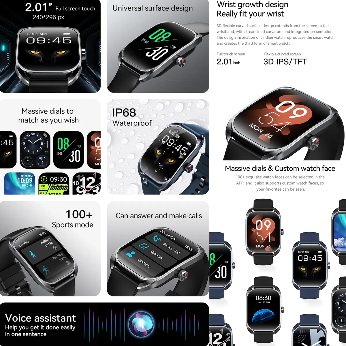 Smartwatch męski z funkcją telefonu, 2,01" HD, zakrzywiony ekran HD, zegarek sportowy z Bluetooth i połączeniami telefonicznymi, monitor tętna, monitor snu, krokomierz, Smart Watch do systemu iOS