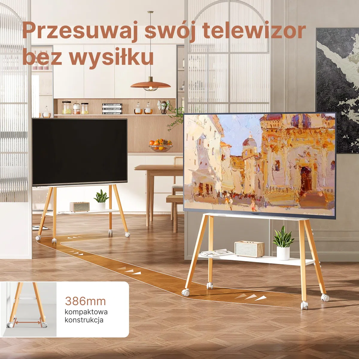 Easel Design z Stojak pod telewizor z kółkami, 49-75" do 40 kg | metalową strukturą i drewnianą półką, ruchomy stojak pod telewizor na kółkach do sklepu, biura, szkoły, domu, biały