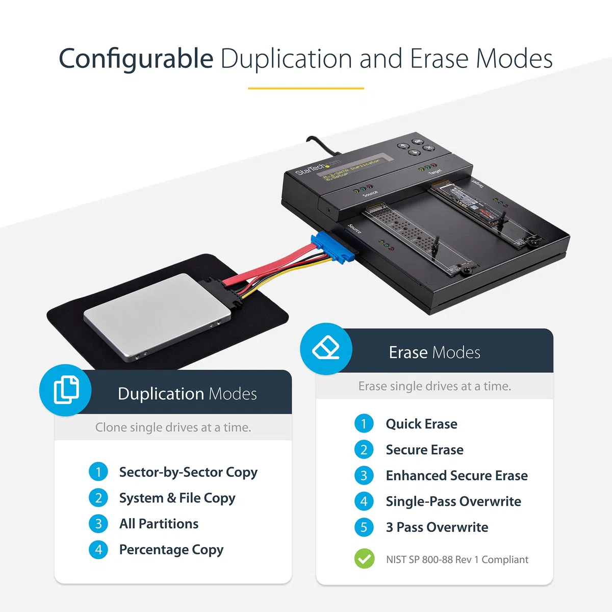 StarTech.com Samodzielny duplikator i gumka M.2 SATA i M.2 NVMe - kloner/wycieraczka HDD/SSD do M.2 PCIe AHCI/NVMe, M.2 SATA, 2,5/3,5-calowych dysków SATA - zewnętrzny dysk twardy gumka/duplikator,