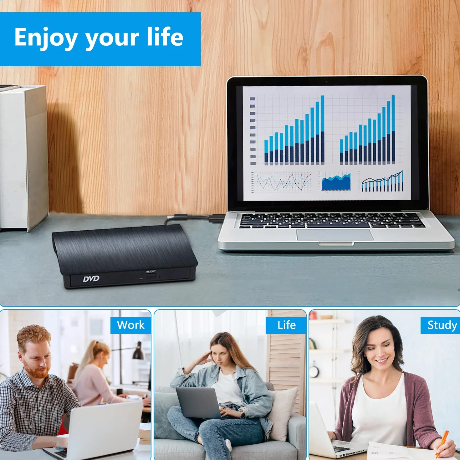 BEVA Zewnętrzny odtwarzacz CD/DVD USB 3.0 i typu C przenośny napęd CD-R/-RW, przenośny odtwarzacz do komputerów PC, laptopów, komputerów stacjonarnych, Windows 7/8/10/11/XP/Vista/Linux i Mac OS