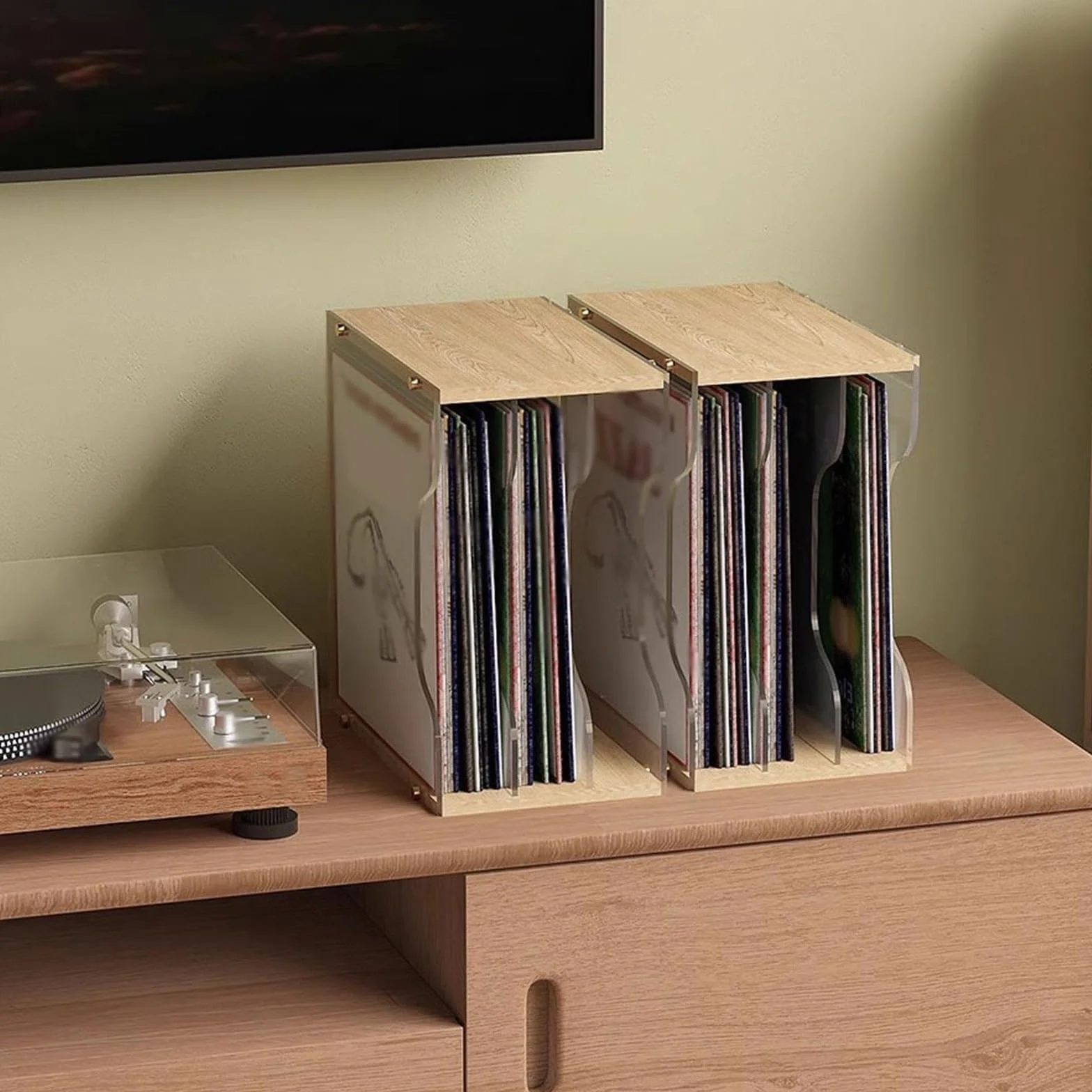 Stojak na płyty Stojak na płyty winylowe, trzykomorowy, przezroczysty, akrylowy, albumy CD