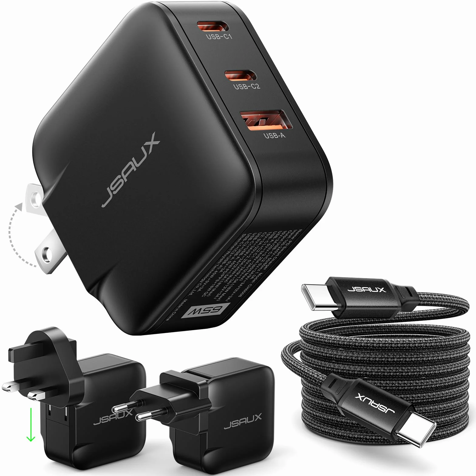 JSAUX Ładowarka USB C 65 W 3-portowa PPS z kablem 2 m UK/EU do MacBook iPad iPhone Galaxy S25/S24 Ultra