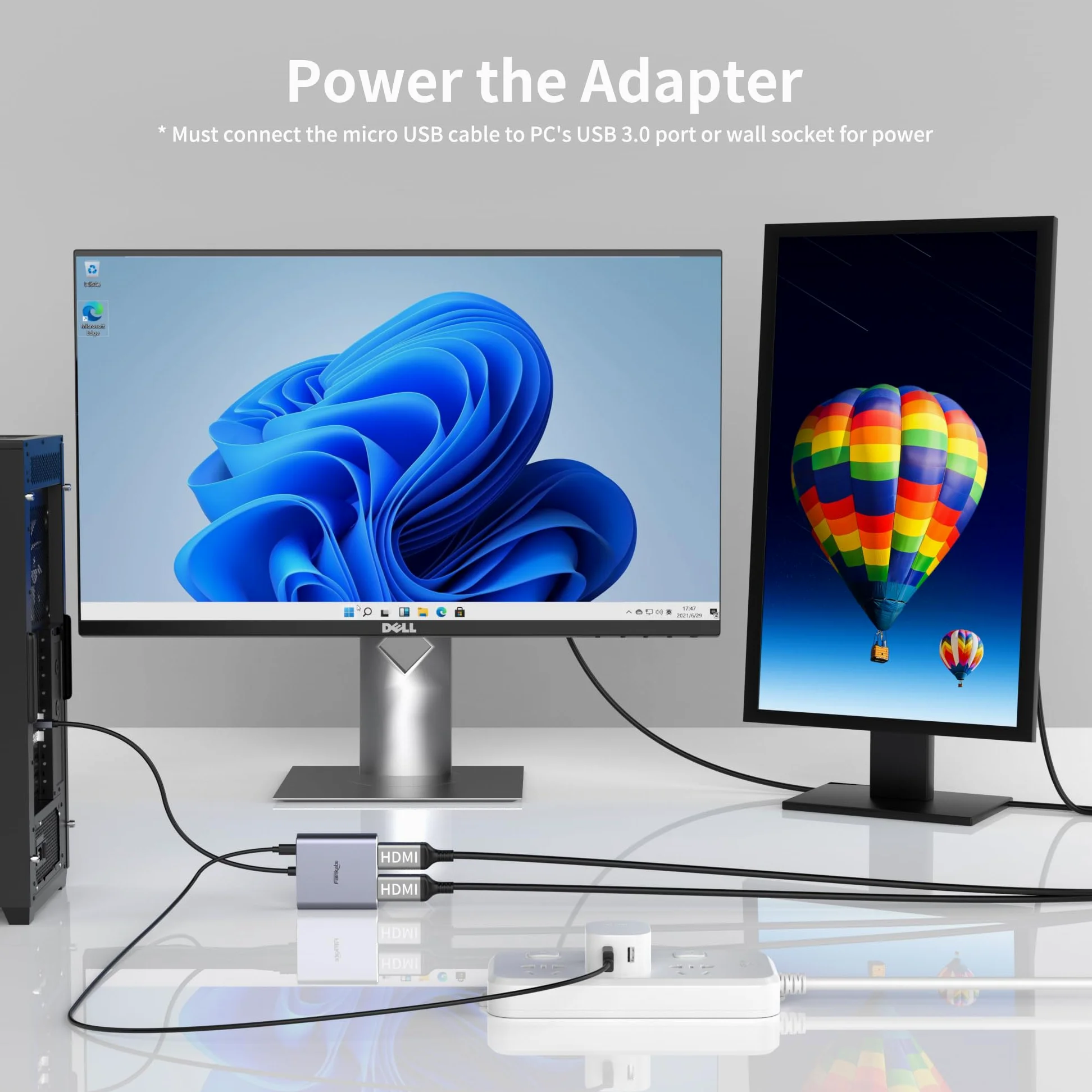 Fairikabe Adapter DisplayPort na podwójny HDMI, rozdzielacz DisplayPort na HDMI 4K 60 Hz dla dwóch ekranów, rozszerzony wyświetlacz, DP 1,2 do 2 ekranów
