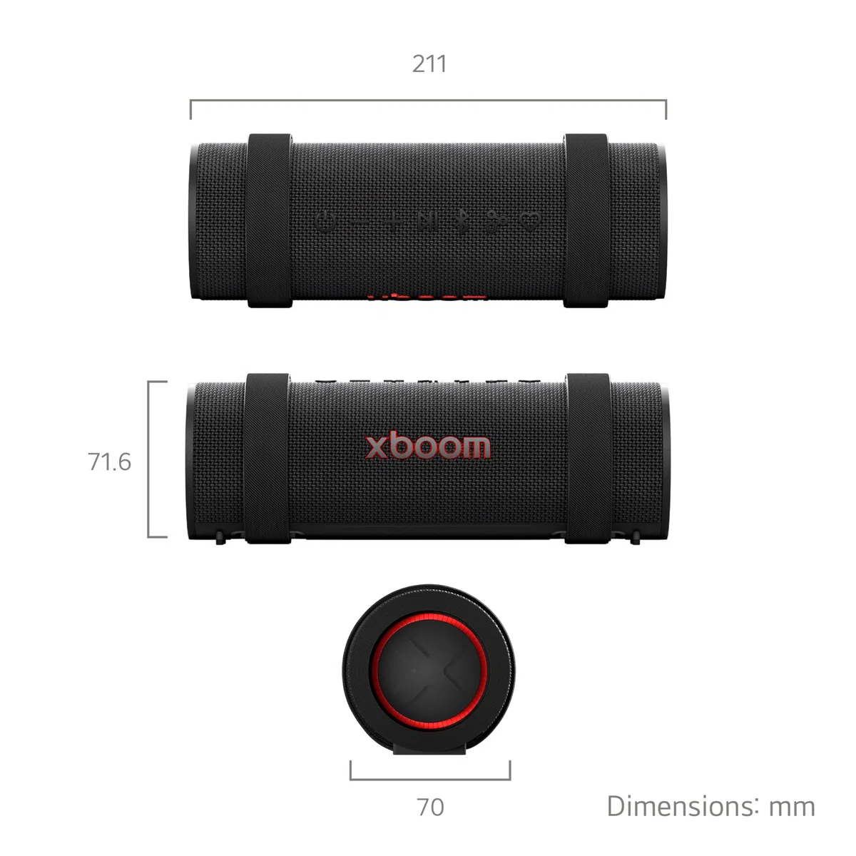 LG xboom Grab by will.i.am, xboom Signature Sound, przenośny głośnik Bluetooth, do 20 godzin odtwarzania, odporność na kurz i wodę IP67, trwałość MIL-STD 810H, regulowany pasek do noszenia